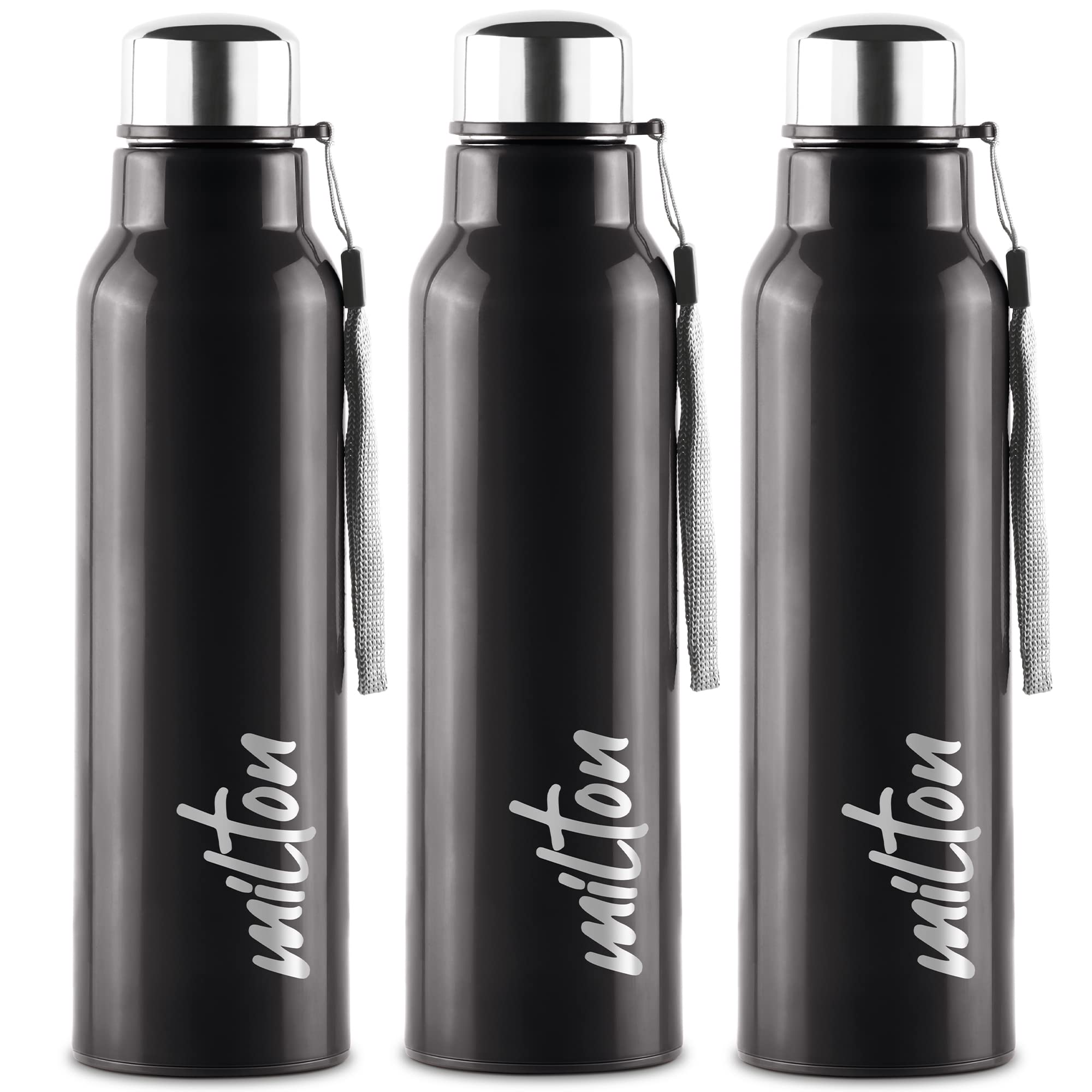 Milton Steel Fit 900 Insulated Stainless Steel Water Bottle, Set Of 3, 630 Ml Each, Black | Easy Grip | Leak Proof | Hot Or Cold