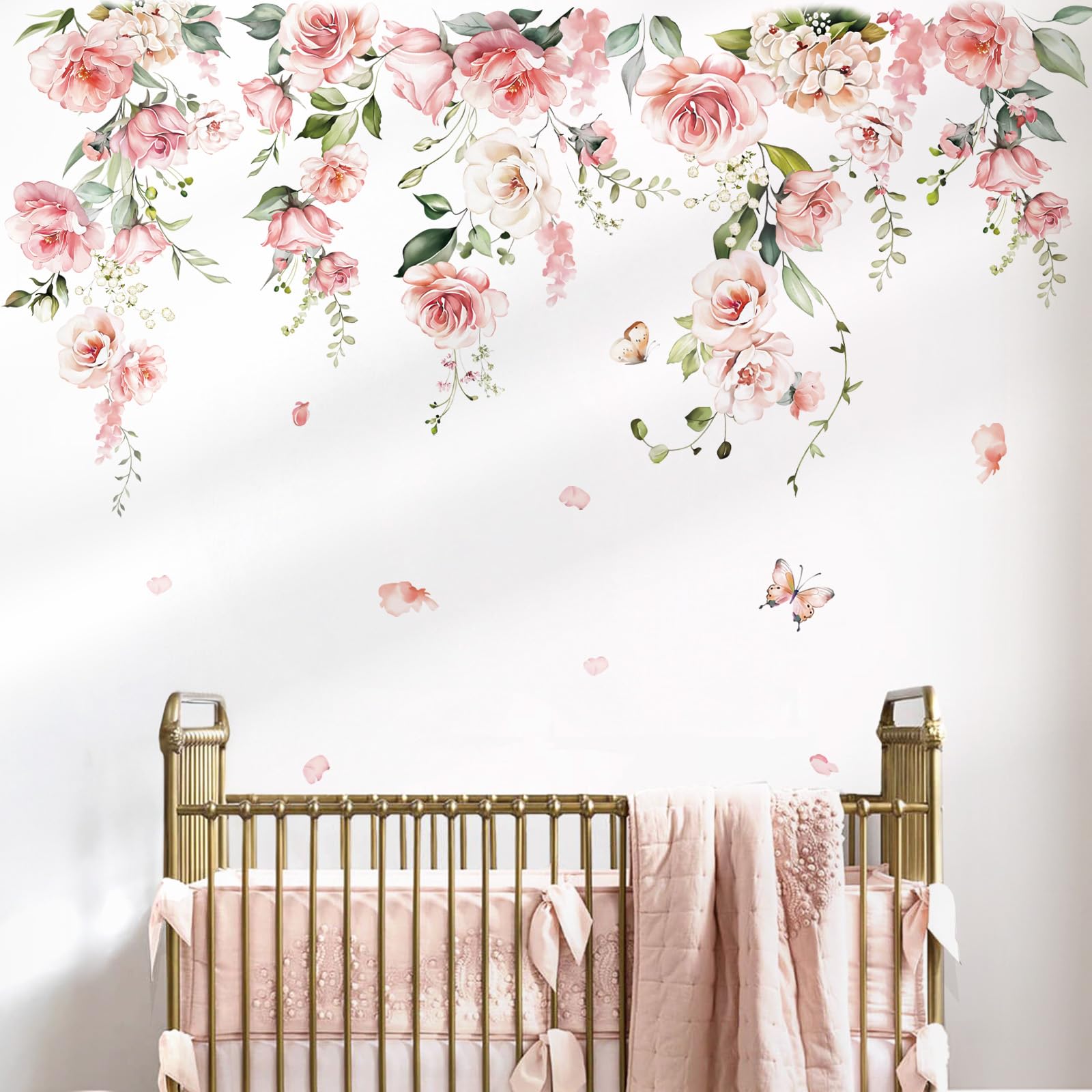 Decalmile Spring Large Pink Flower Wall Decals Hanging Vine Floral Wall Stickers Baby Nursery Girls Bedroom Living Room Wall Dec