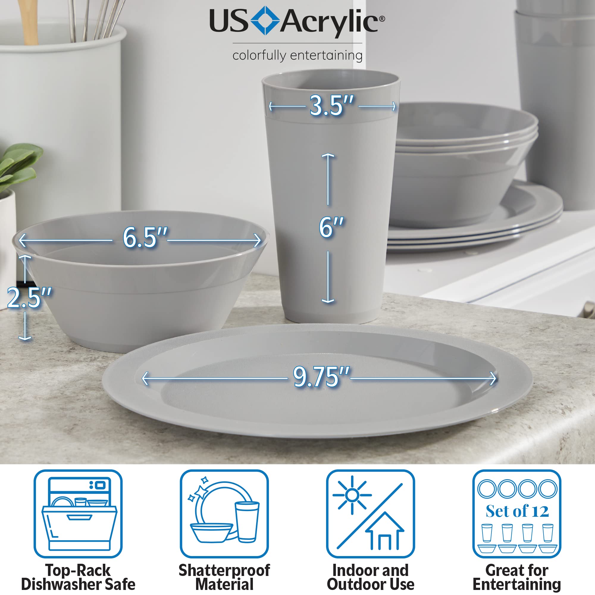 Us Acrylic Newport Plastic Plate, Bowl And Tumbler Dinnerware Set For 4 In Grey Stone | 12-Piece Drinking And Dining Set | Reusa