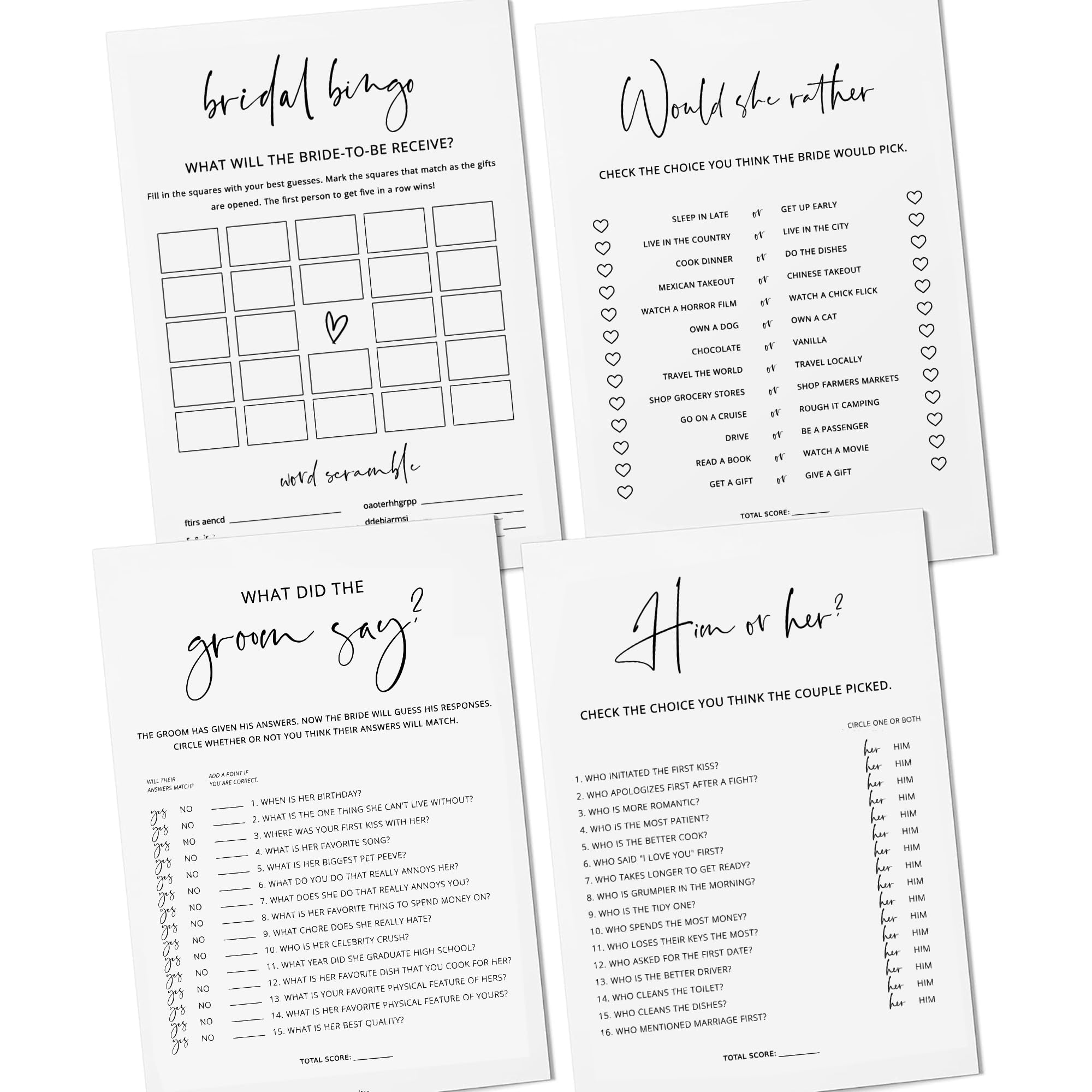 Bridal Shower Games - Set Of 4 Bridal Shower Games For 30 Guests, Double-Sided Thick Cards, Minimalist (30 Pack)
