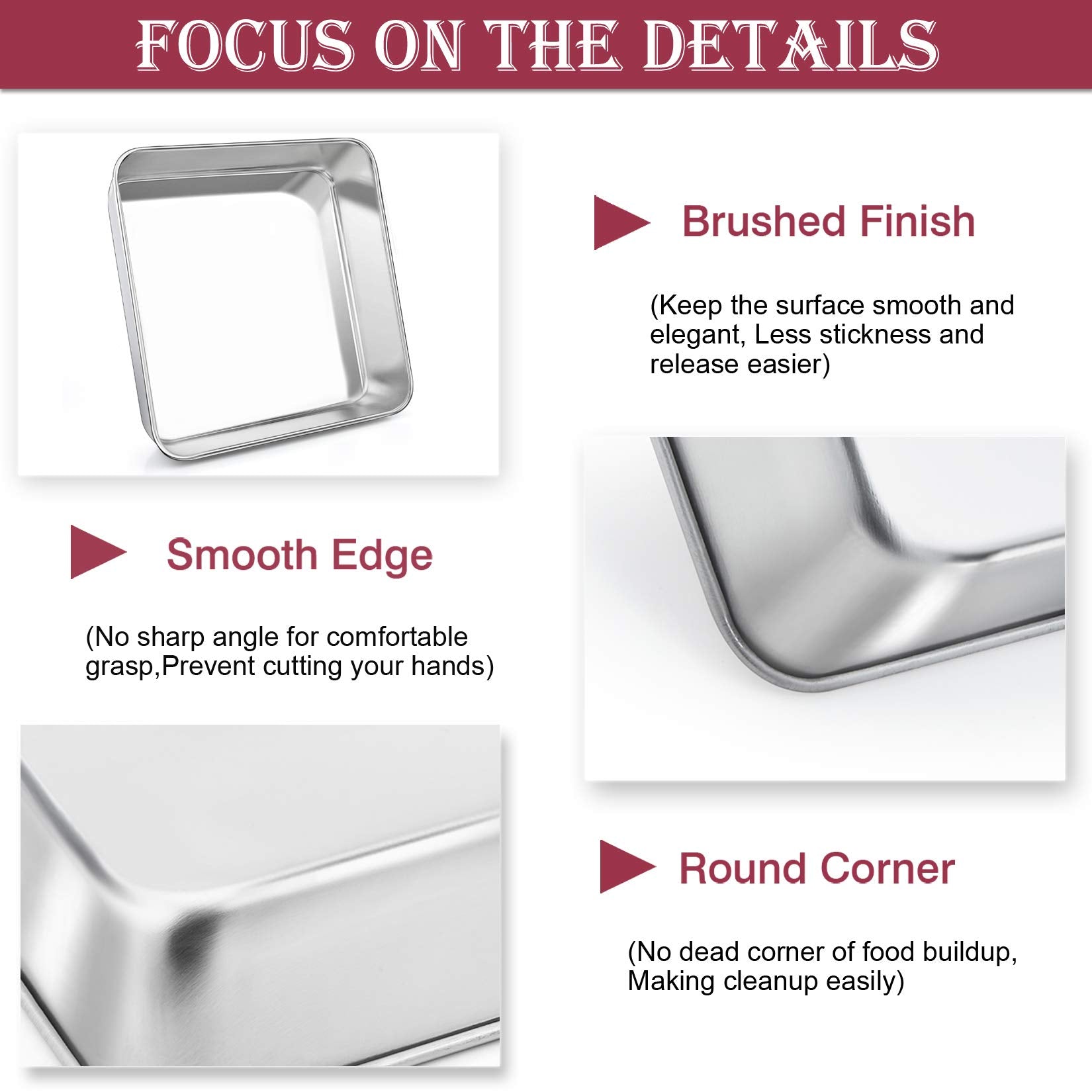 P&P Chef 8 Inch Square Baking Pan Set Of 4, Square Cake Pans, Stainless Steel Deep Bakeware For Lasagna Bread Brownie, 8     8
