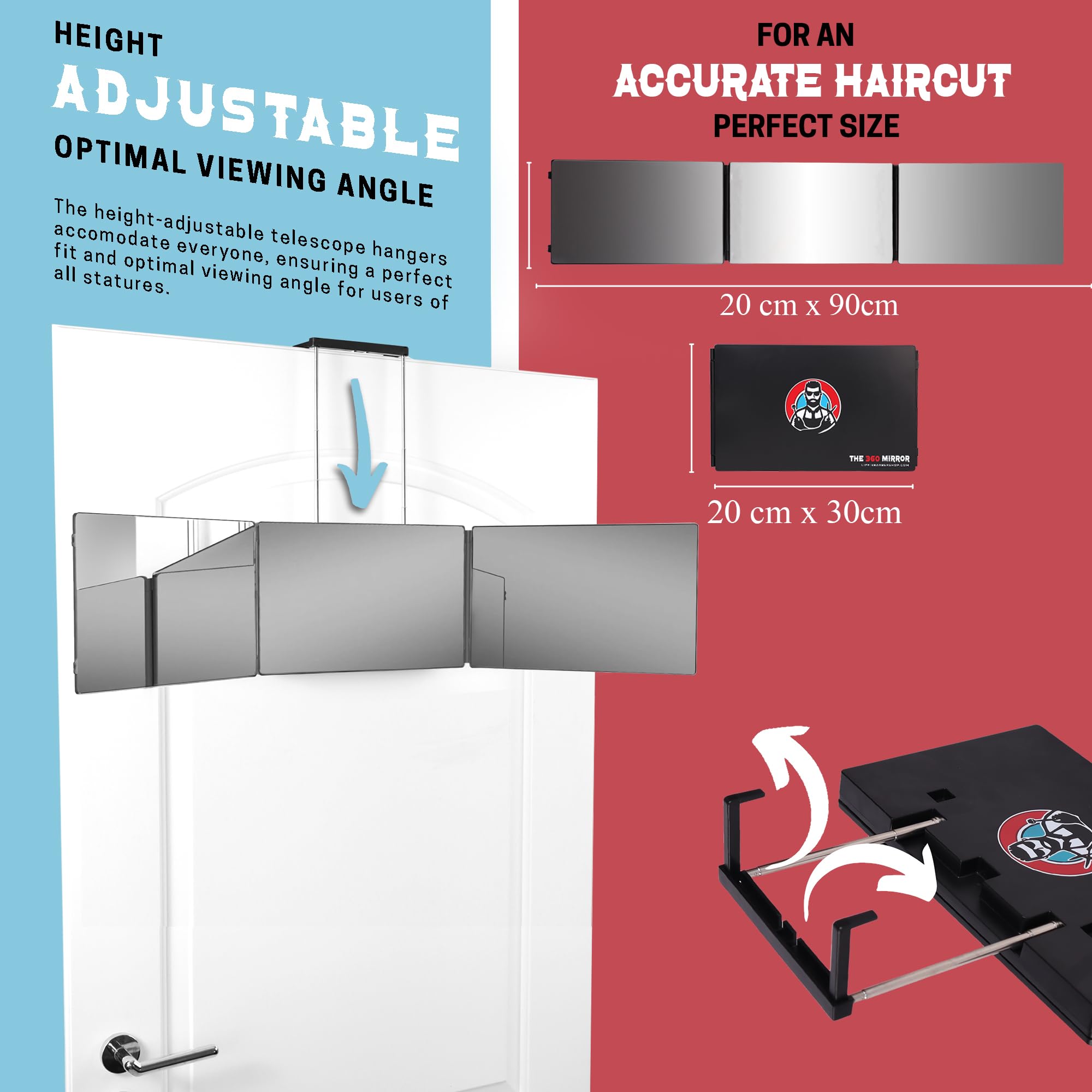The 360 Mirror - 3 Way Mirror For Self Hair Cutting - Adjustable Trifold Barber Mirror To Cut Your Own Hair - Tri Fold Self Hair