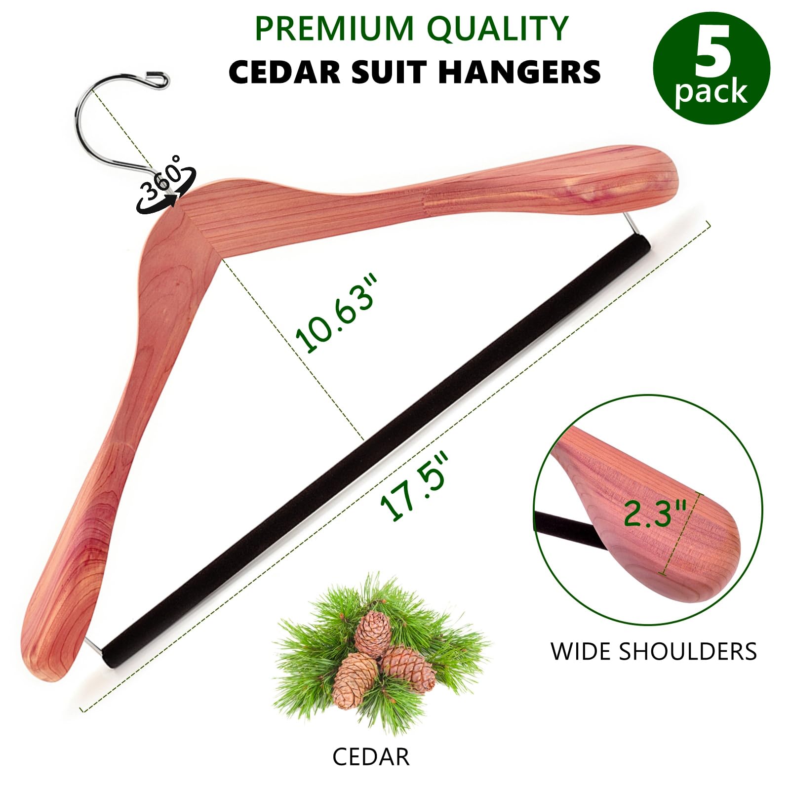 Amber Home 5 Pack American Red Cedar Wood Coat  Suit Hangers with Extra Wide Shoulder  Wooden Jacket Clothes Hanger Smooth Deluxe Aromatic Natural Cedar with Non Slip Velvet Pant Bar