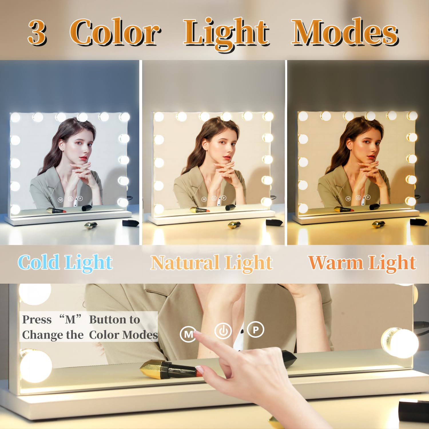 Nusvan Vanity Mirror With Lights Lighted Makeup Mirror With Dimmable Led Bulbs,3 Color Lighting Modes,Usb Charging Port Touch Co