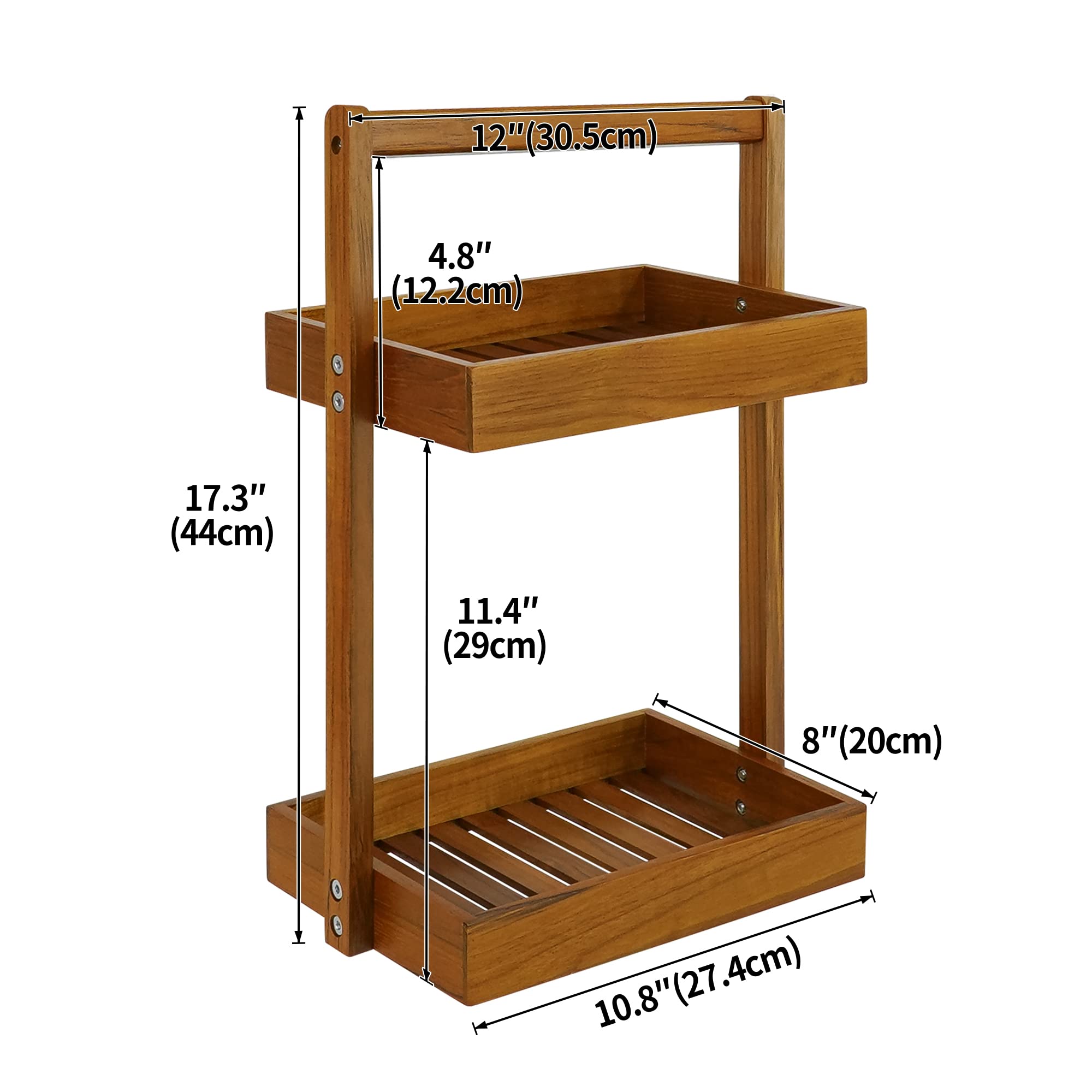 Utoplike Teak Wood Shower Caddy Corner, 2 Tier Bathroom Organizer Countertop, Standing Shower Rack With Handle, Stand Up Shower