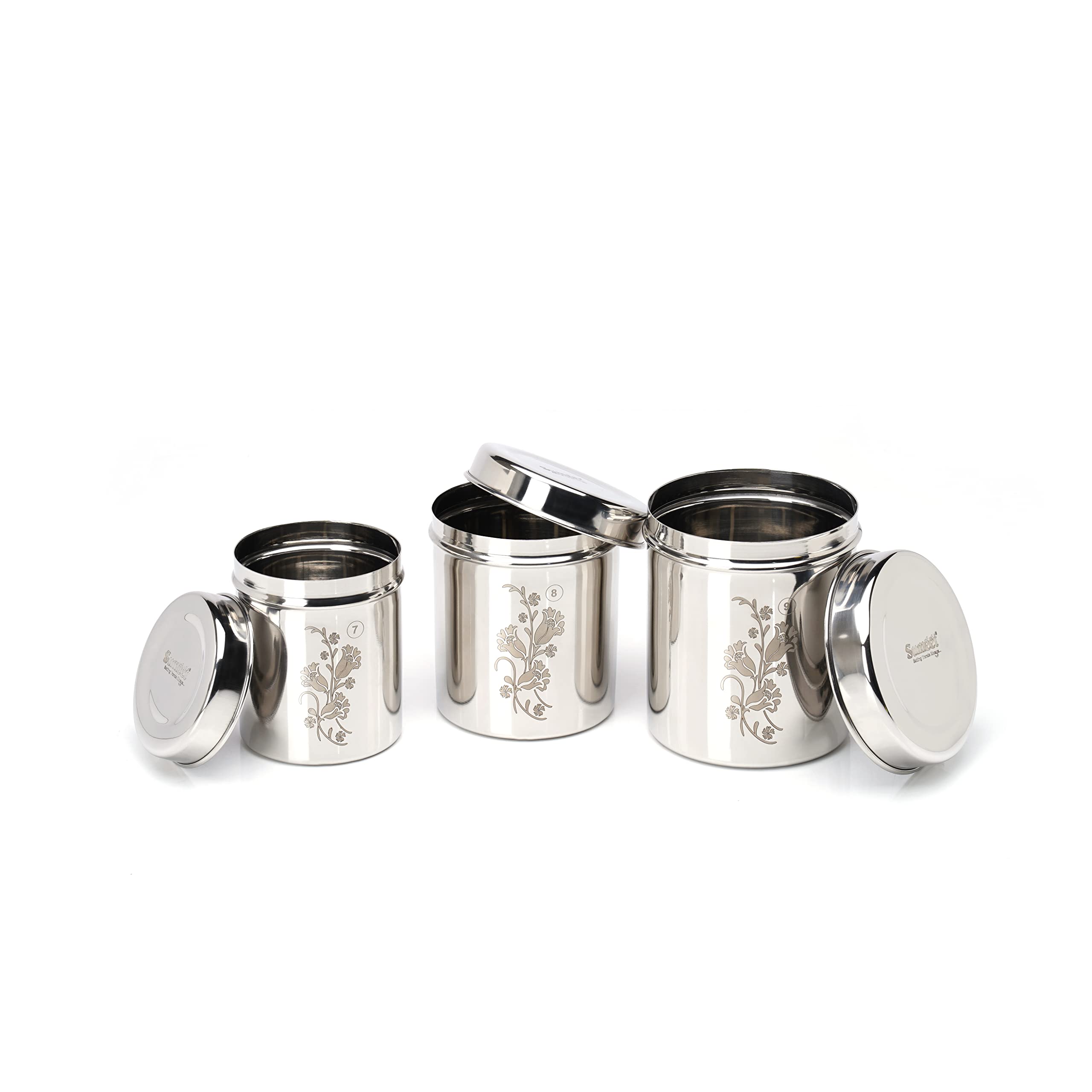 Sumeet Designer Stainless Steel Vertical Canisters/Ubha Dabba/Storage Containers Set Of 3Pc (400Ml,500Ml,750Ml)