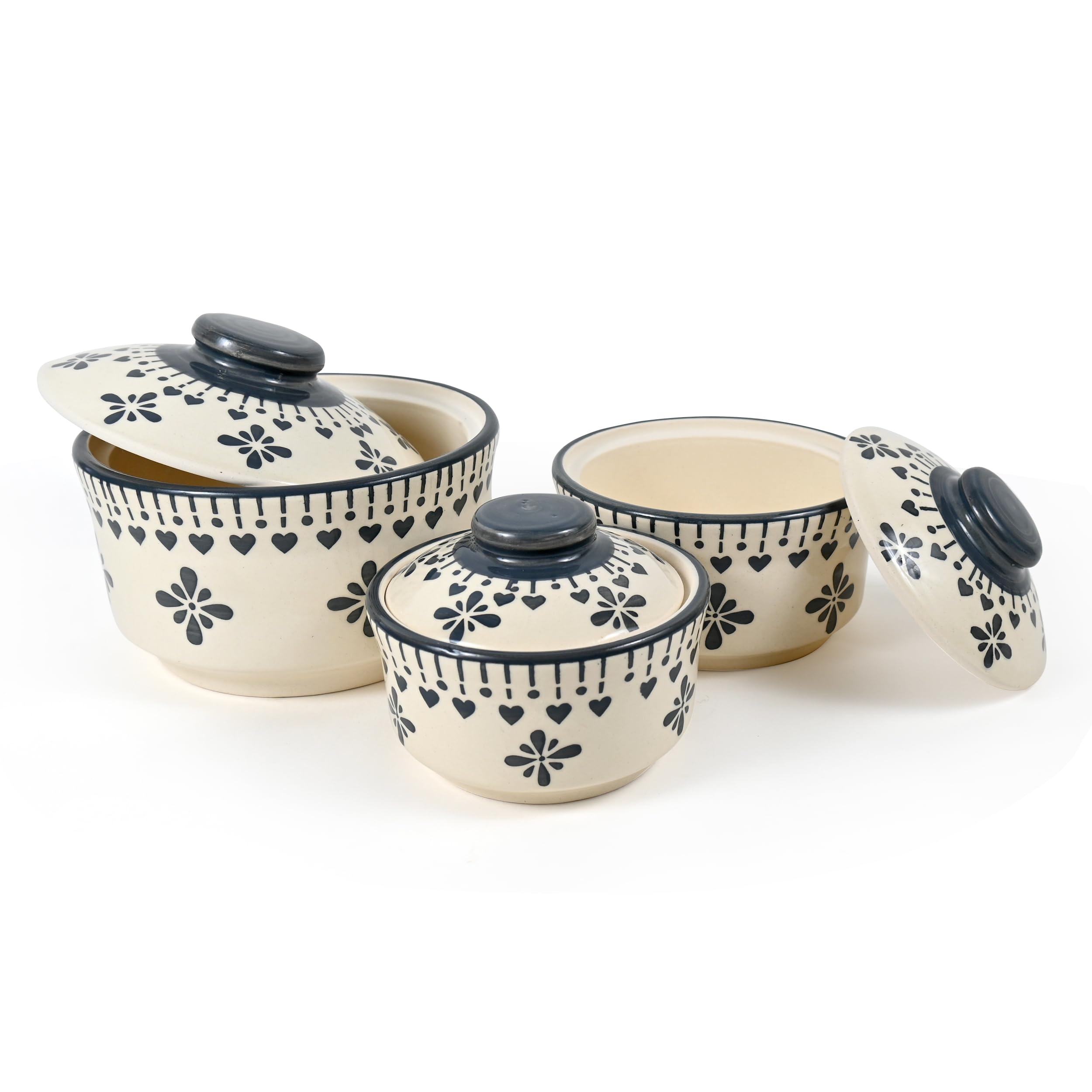 Shadowgreen- Ceramic Serving Donga Set With Lid - Gravy Donga Set - Dinner Bowl With Lid - (Set Of 3-750Ml 500Ml 250Ml) (Grey Jh