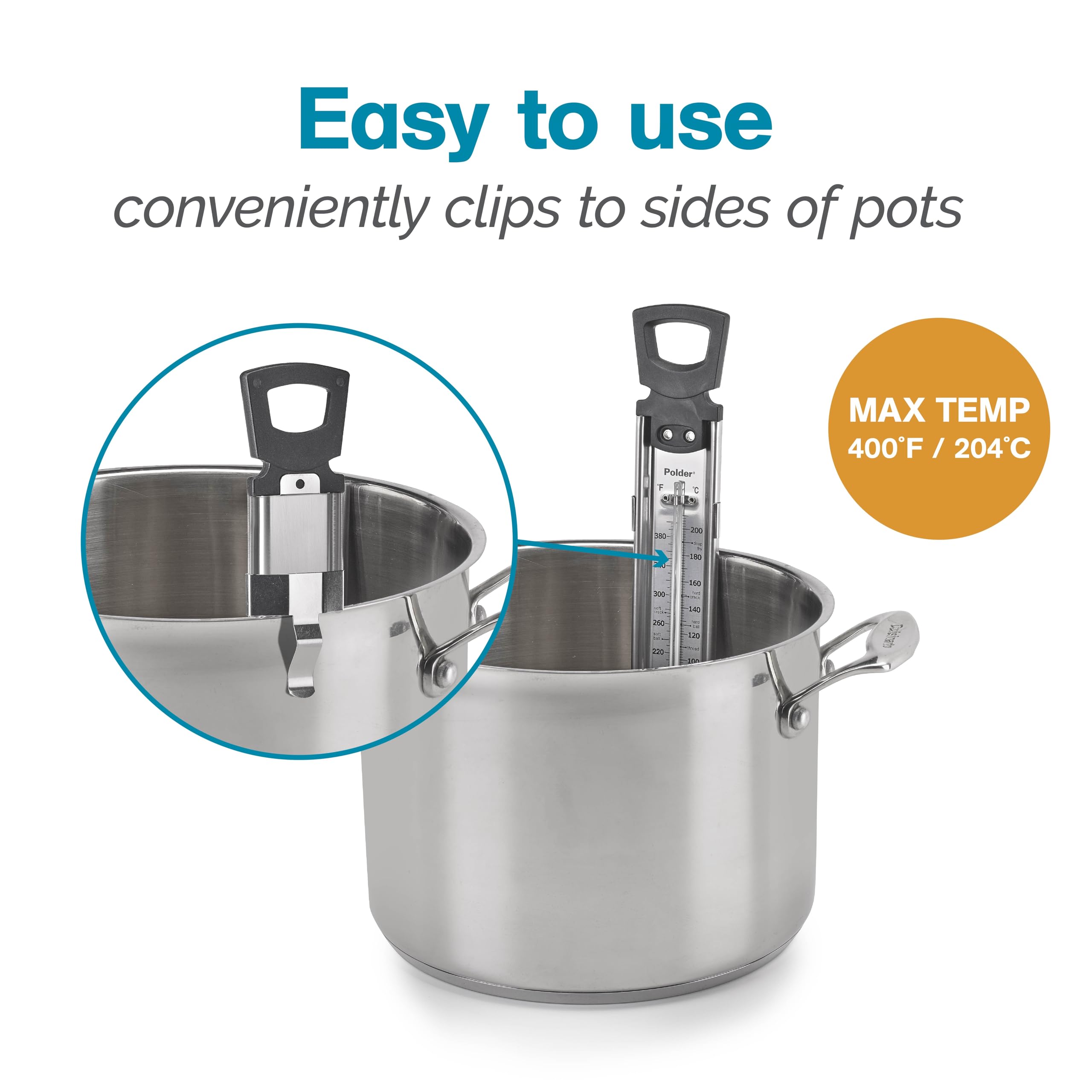Polder Candy/Jelly/Deep Fry Thermometer, Stainless Steel, With Adjustable Sliding Pot Clip Attachment And Quick Reference Temper