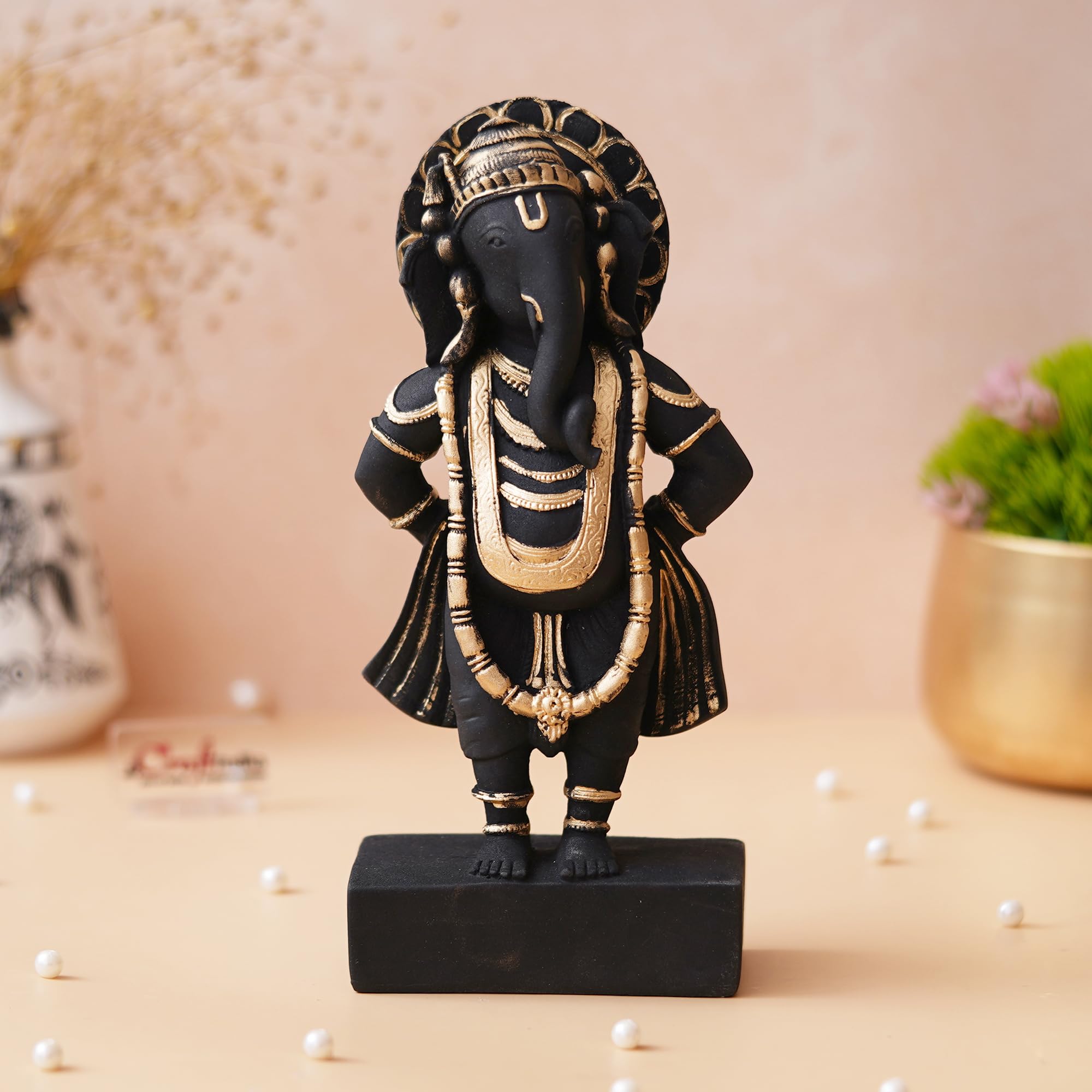 Ecraftindia Black & Golden Polyresin Handcrafted Standing Lord Ganesha Statue