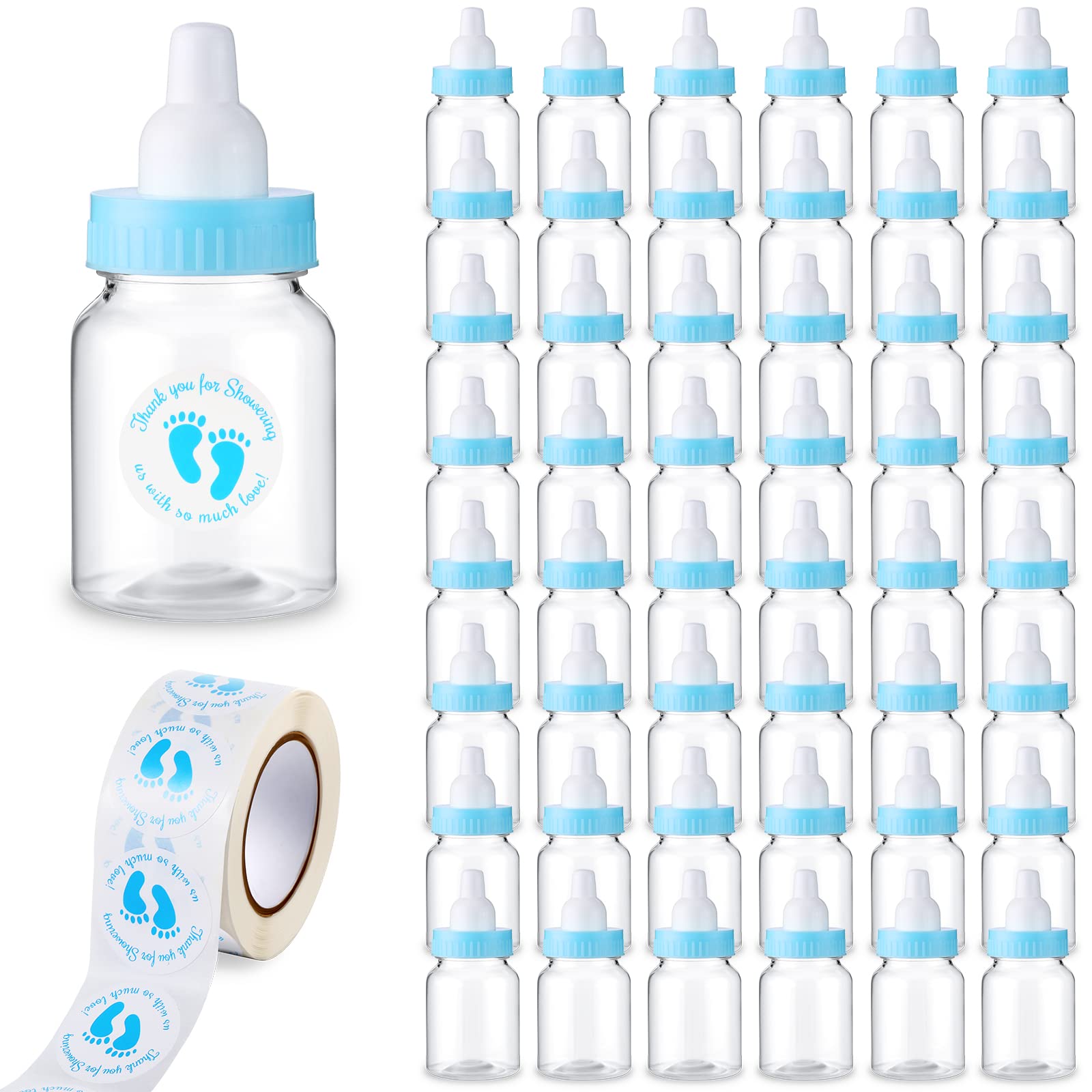 Tondiamo 48 Pcs Blue Baby Shower Mini Bottle Favors 1.5 x 3.5 Inch Baby Shower Candy Jar Mini Milk Bottle Party Favor Fillable G