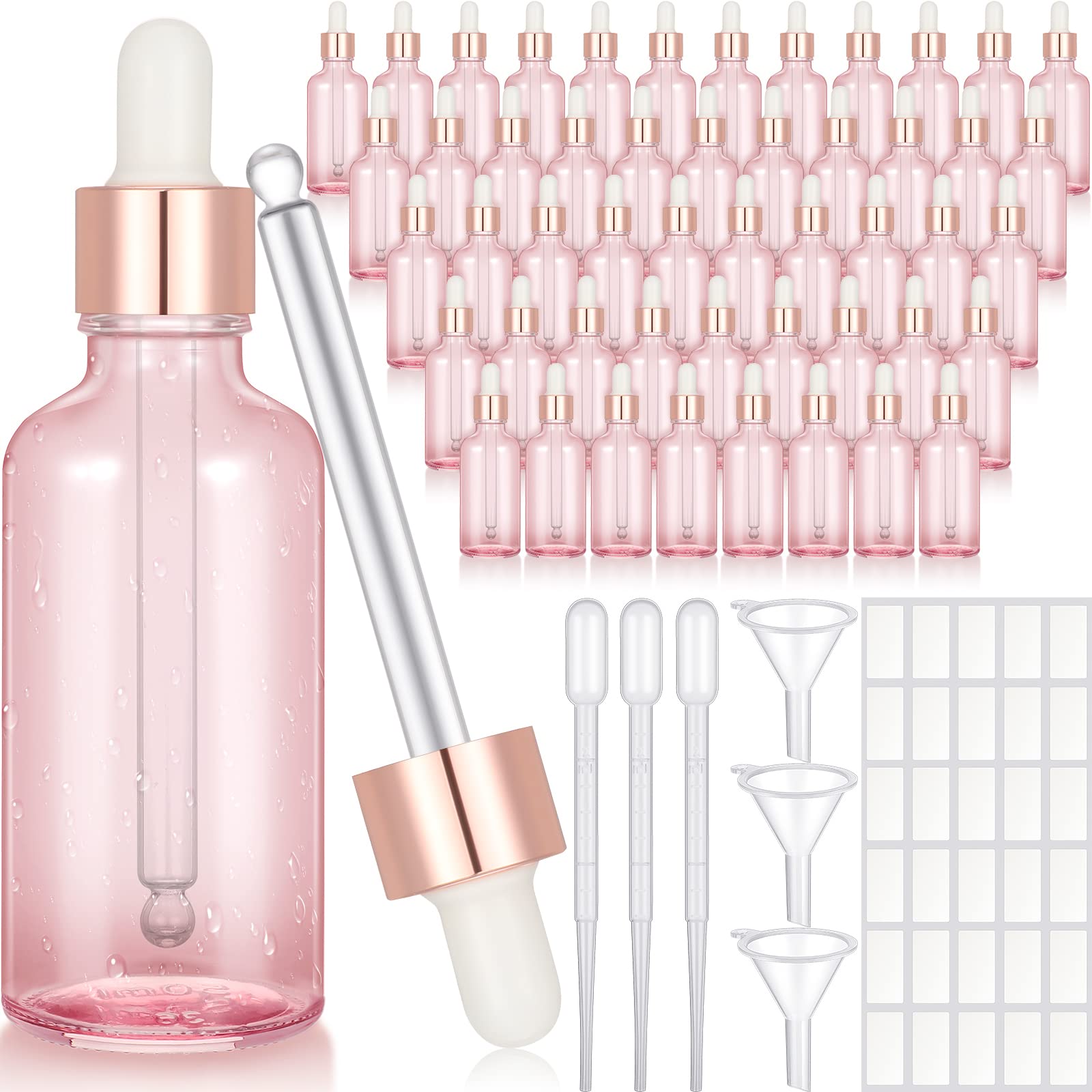 Nuogo 50 Pack 2oz Glass Dropper Bottles with Caps for Oils, Pink