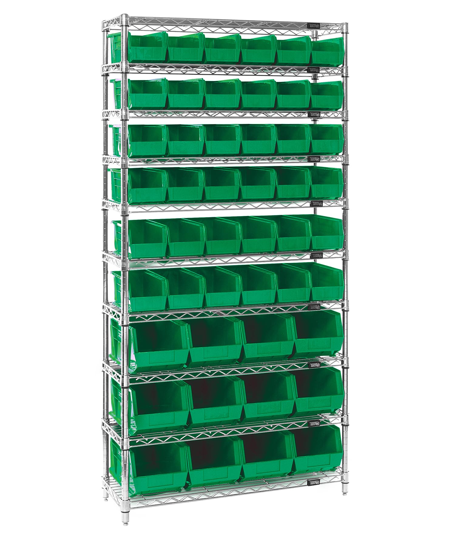 Bin System Unit, Stationary, Includes: (4) 74H Posts, (10) 36W X 14D Wire Shelves, (36) Qus230 And (12) Qus240 Green Bins, Chrom