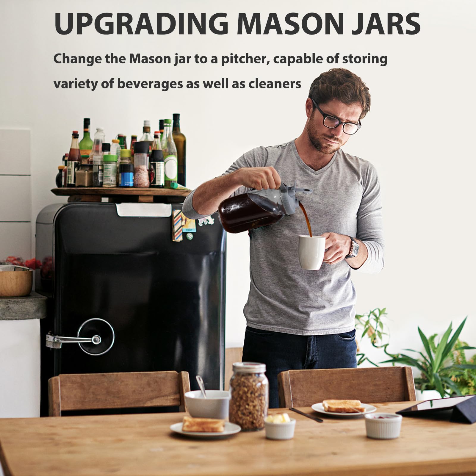 Mason Jar Pour Spout Lid For Wide Mouth Mason Jars, Airtight Mason Jar Pitcher Flip Cap Lid With Handle, Leak-Proof And Durable,