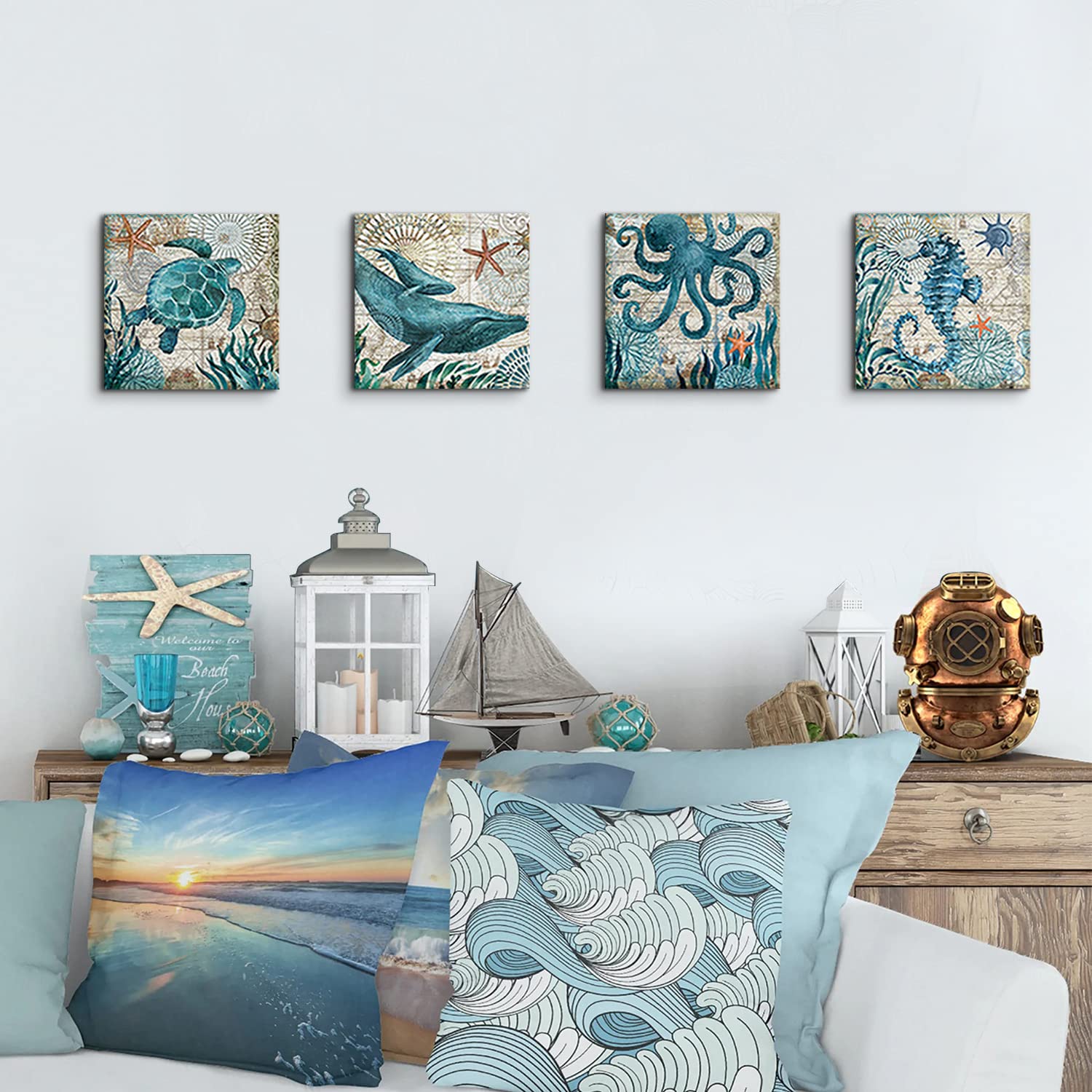 Coastal Beach Wall Art For Living Room Sea Turtle Pictures Bathroom Wall Decor Teal Blue Nautical Themed Seahorse Canvas Paintin