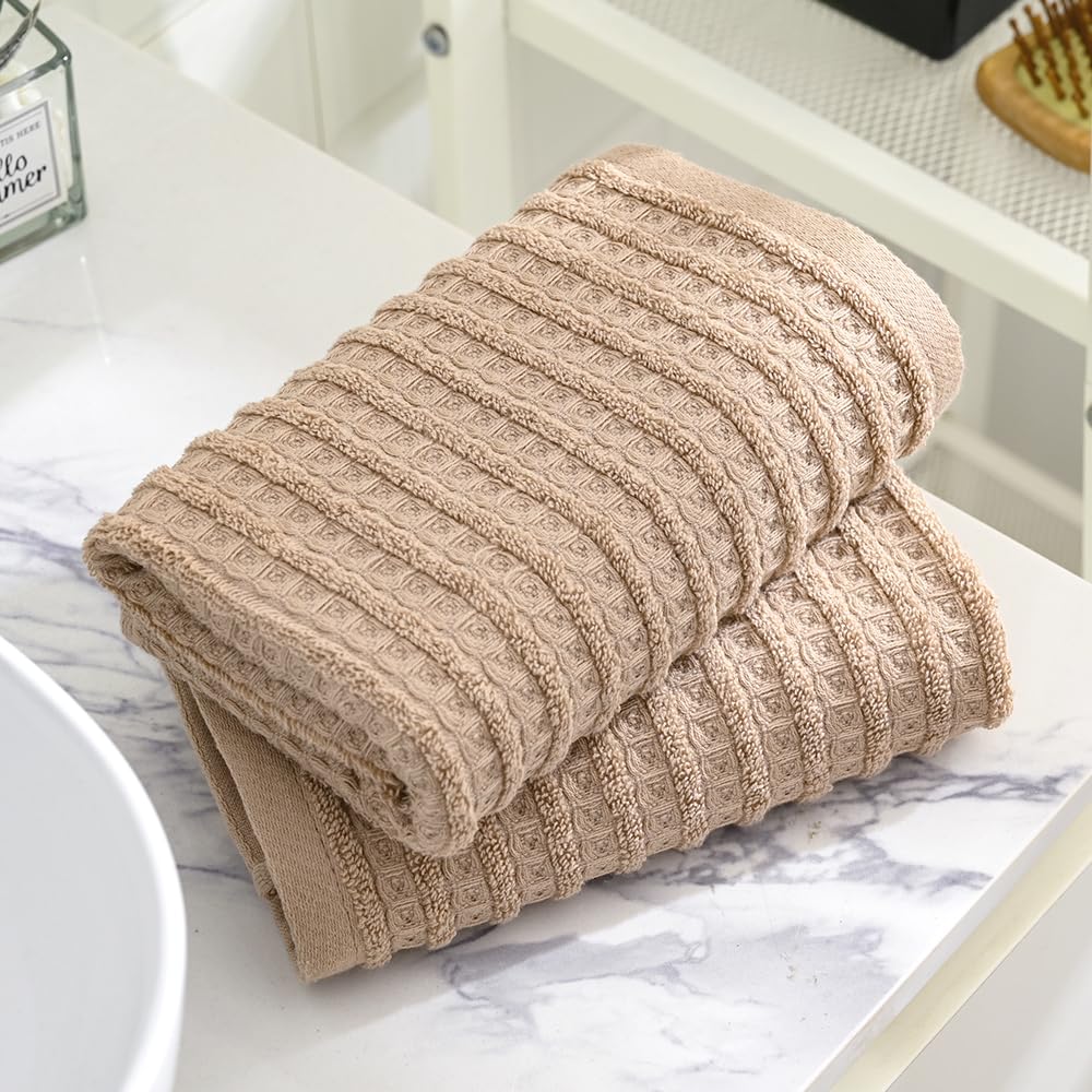 Sense Gnosis Brown Hand Towel Set Of 2 Waffle With Terry Striped Pattern 100% Cotton Ultra Soft Absorbent Towels For Bathroom Ki