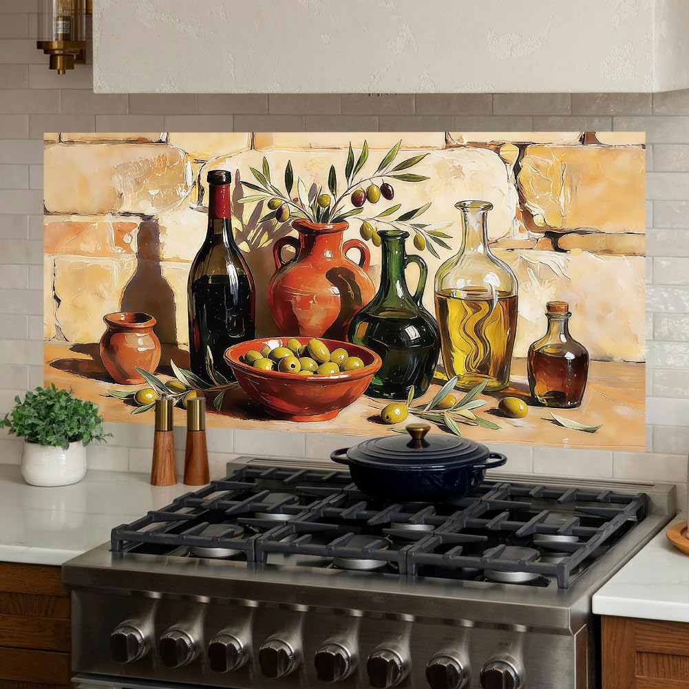 PRESSINART Kitchen Wallpaper Stove Backsplash Stickers 30 x 16 Inch Bottles Olives Design, Kitchen Oil Proof Sticker Decal Water