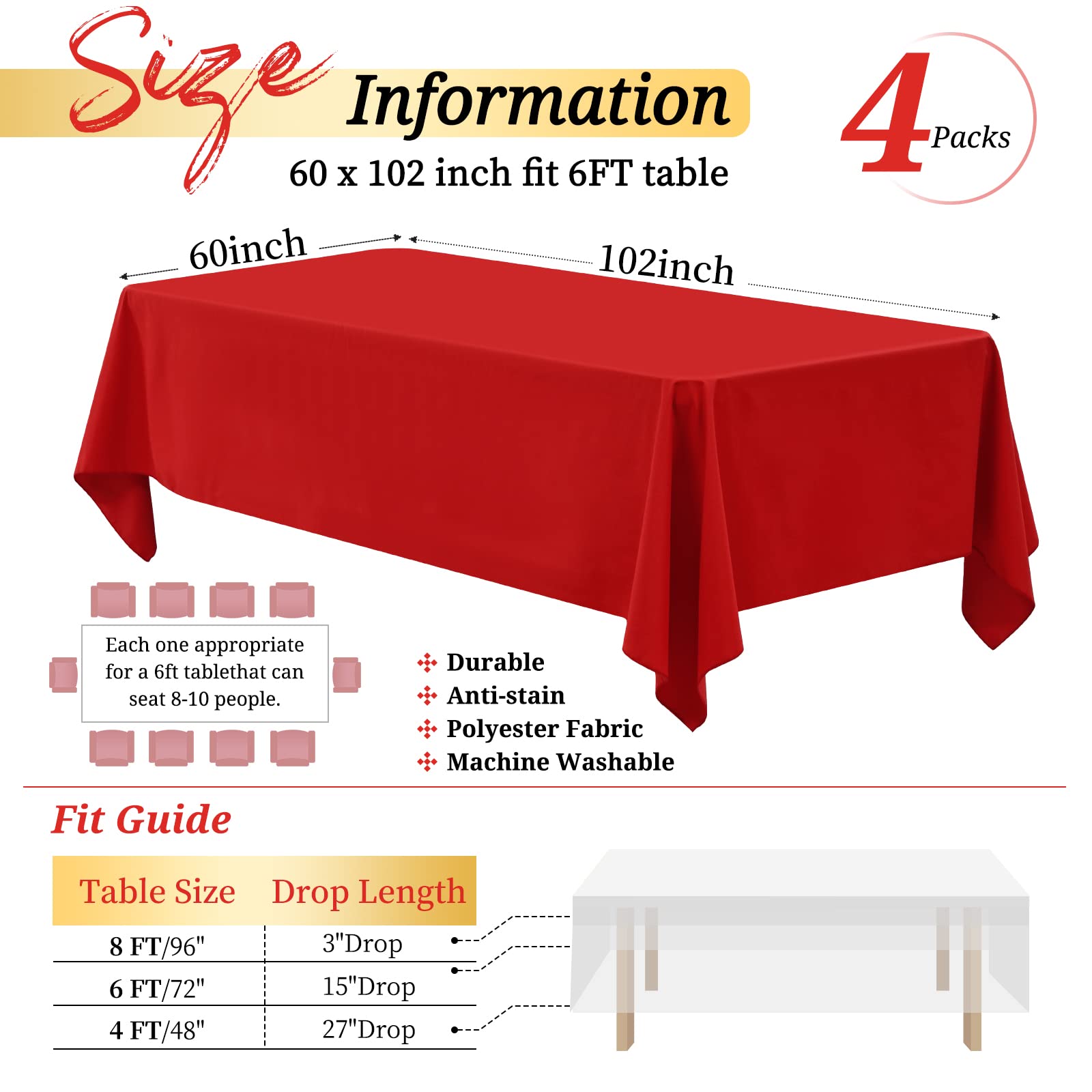 Showgeous 4 Pack Red Tablecloth 60 X 102 Inch, Rectangle Table Cloth For 6 Foot Table, Stain And Wrinkle Resistant Washable Poly
