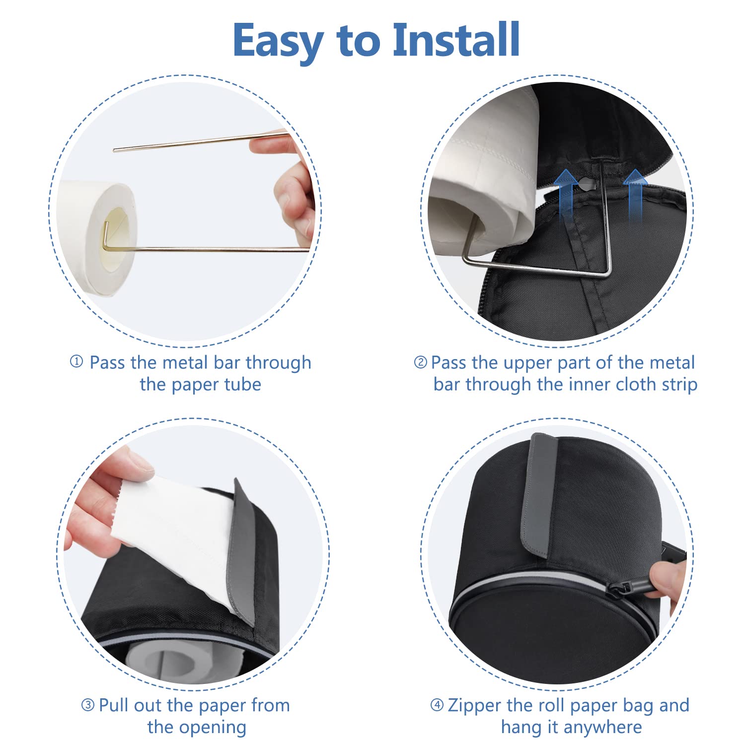 Hanging Toilet Paper Holder Waterproof Tissue Holder Cat Proof Roll Paper Case Cover Portable and Foldable Roll Storage Bag with Adjustable Strap for Wall Car Camping Tent Home Office Black