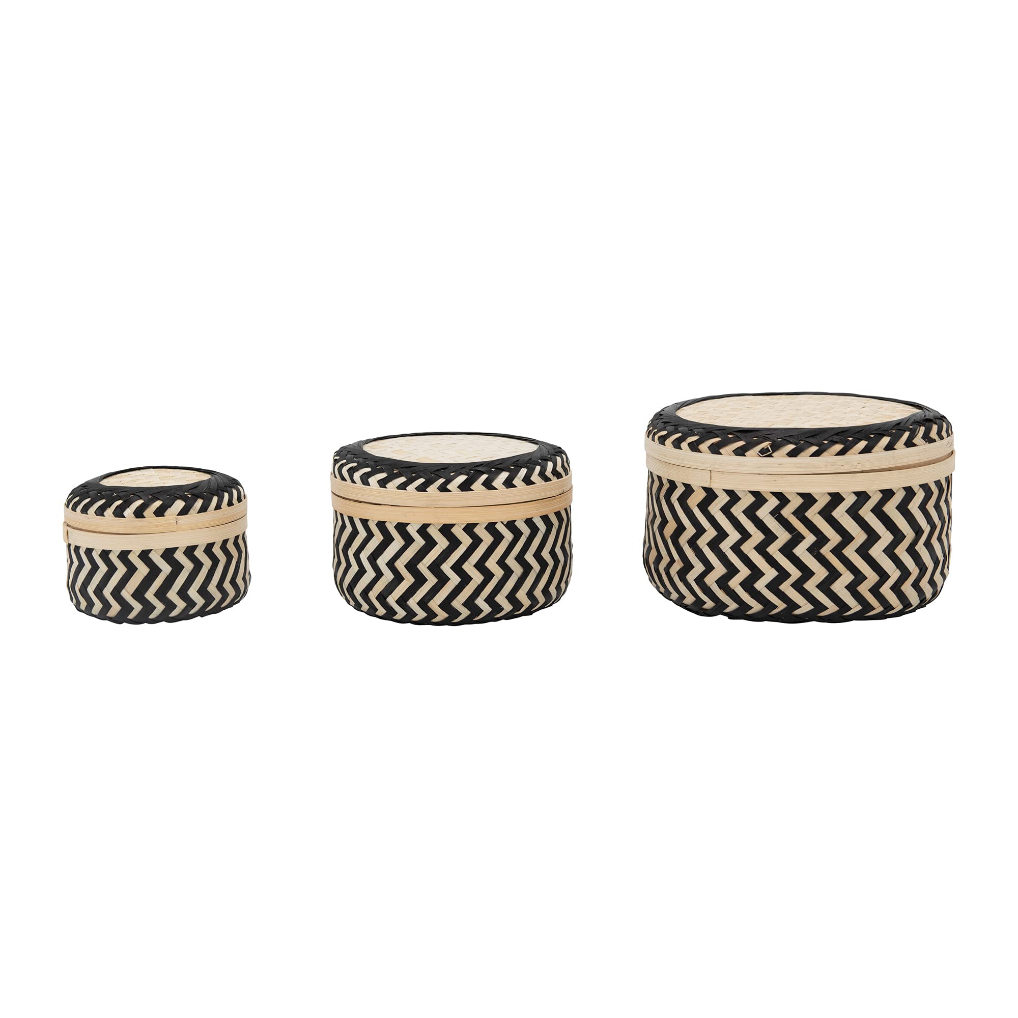 Bloomingville Boho Bamboo Lids, Set Of 3 Sizes Storage Box, Black & Natural, 3
