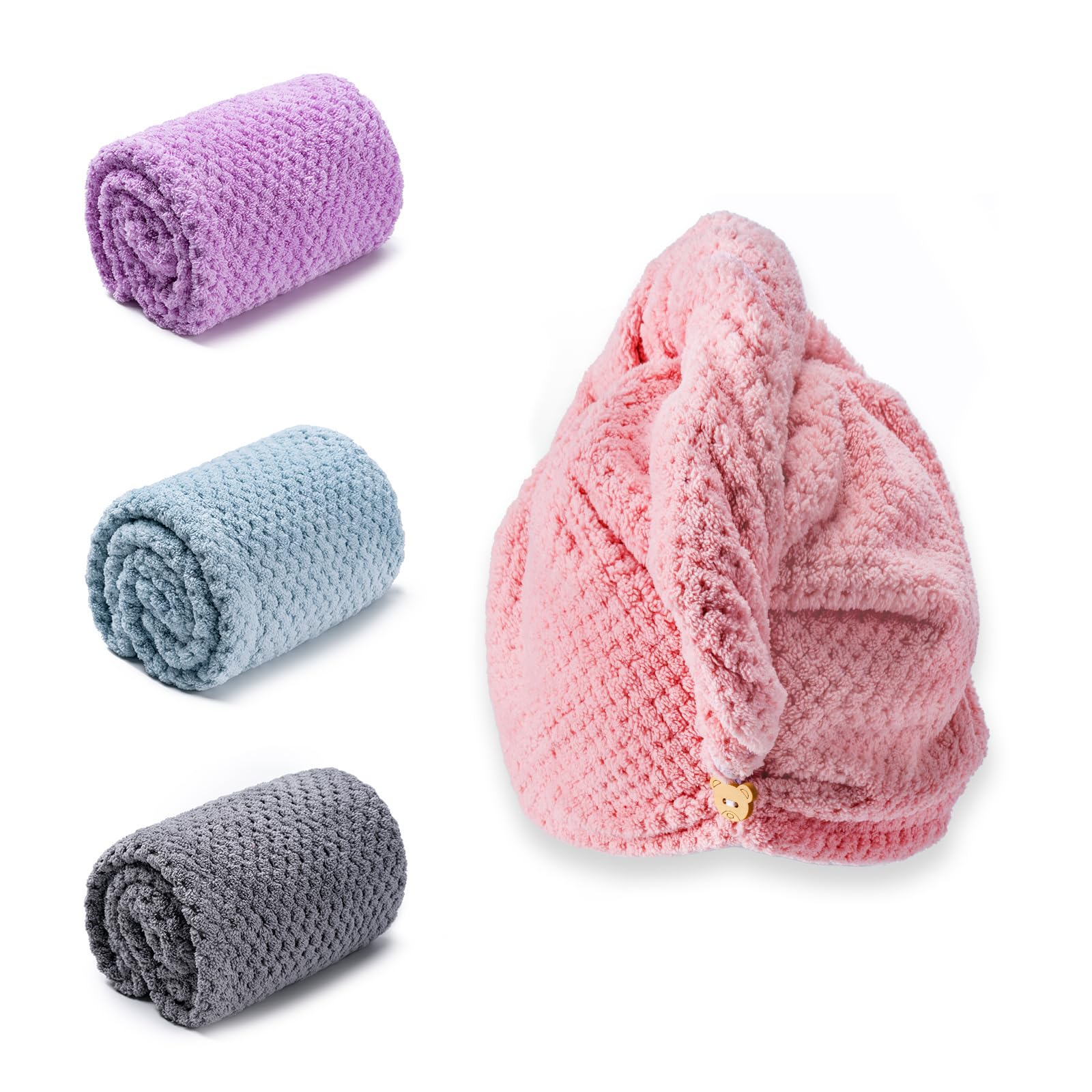 Amrules Hair Towel Wrap, 4 Packs 9.8 X 25.6 Inch Towel Turbans for Wet Hair, Dry Hair Towel, Headbands for Curly and Long Hair -