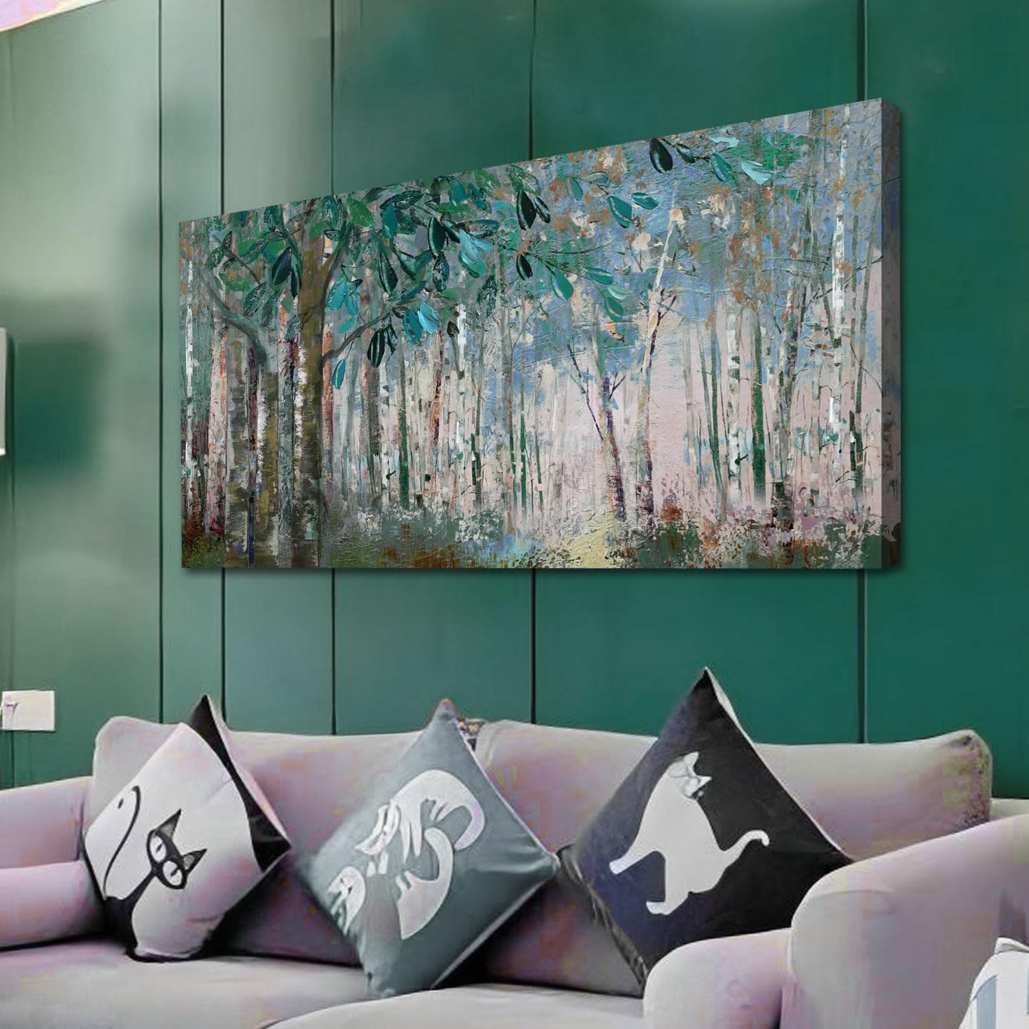 Ardemy Green Tree Canvas Wall Art Forest Landscape Picture Modern Birch Trees Nature Painting, Abstract Artwork 40''X20'' Framed
