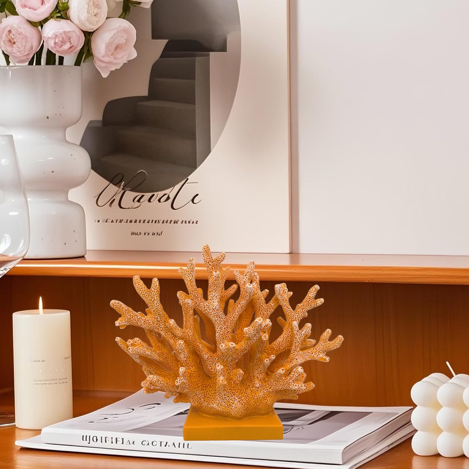Elegondrar 5.8 H Orange Coral Decor - Resin Coral Statue, Nautical Decor for Home, Bedroom, Bathroom, Living Room, Ocean Themed