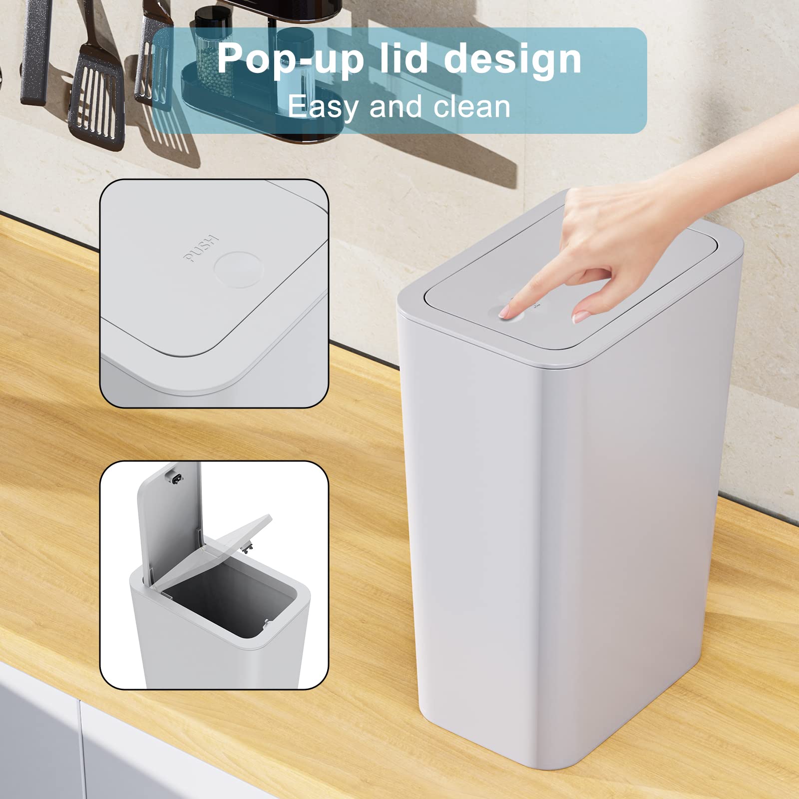 N. NETDOT 3 Pack 10 Liter / 2.6 Gallon Bathroom Trash Can  Small Trash Can with Lid  Garbage Can Waste Basket for Bathroom  Kitchen  Bedroom  Powder Room  Craft Room  Office  College (Gray)