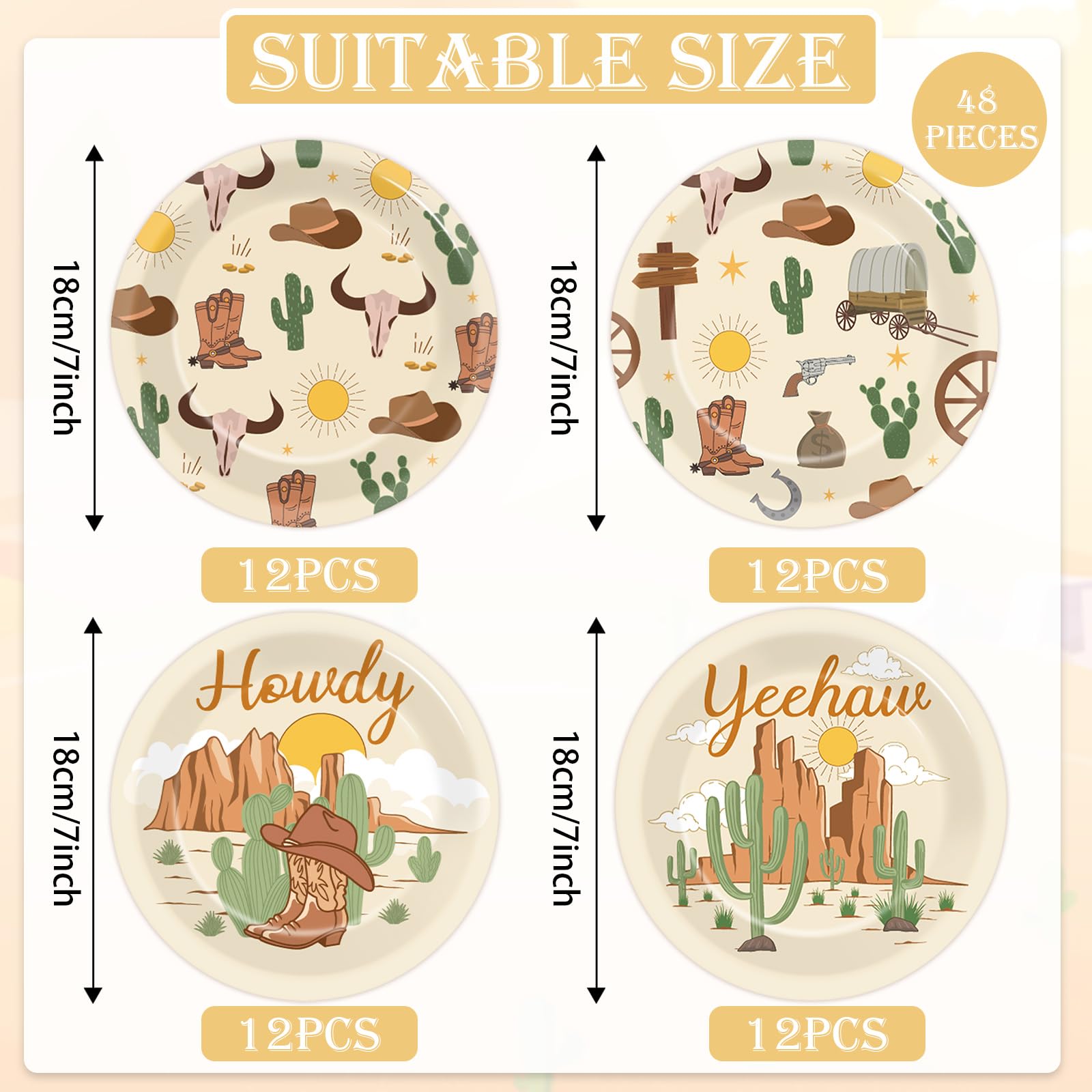 Chunnin 48Pcs Western Cowboy Rodeo Party Paper Plates For Wild West Theme Party Supplies 7'' Howdy Cowgirl Yeehaw Birthday Party