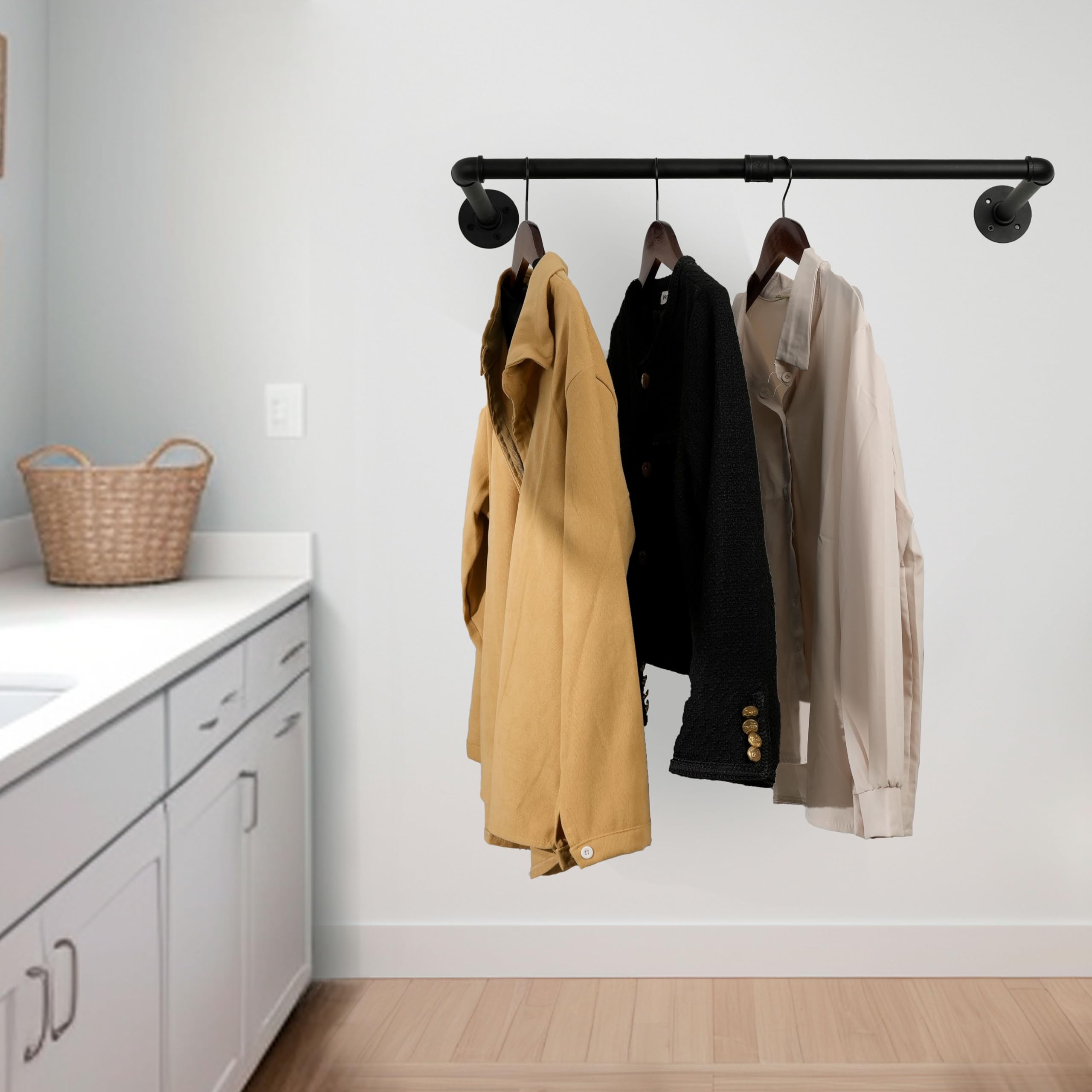 WEBI Clothing Rack Wall Mount 24'' Industrial Pipe Clothes Rack for Hanging Clothes Heavy Duty Iron Garment Rack Bar Retail Display Clothes Rod for Closet Laundry Room Black