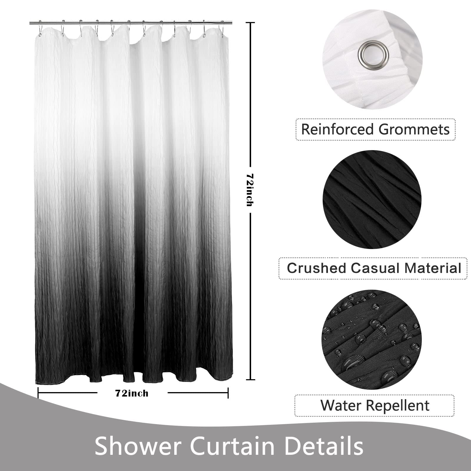 Black Shower Curtain Sets With Hooks, Ombre Black Shower Curtains For Bathroom, Textured Fabric Shower Curtain Liner, 72 X 72 In