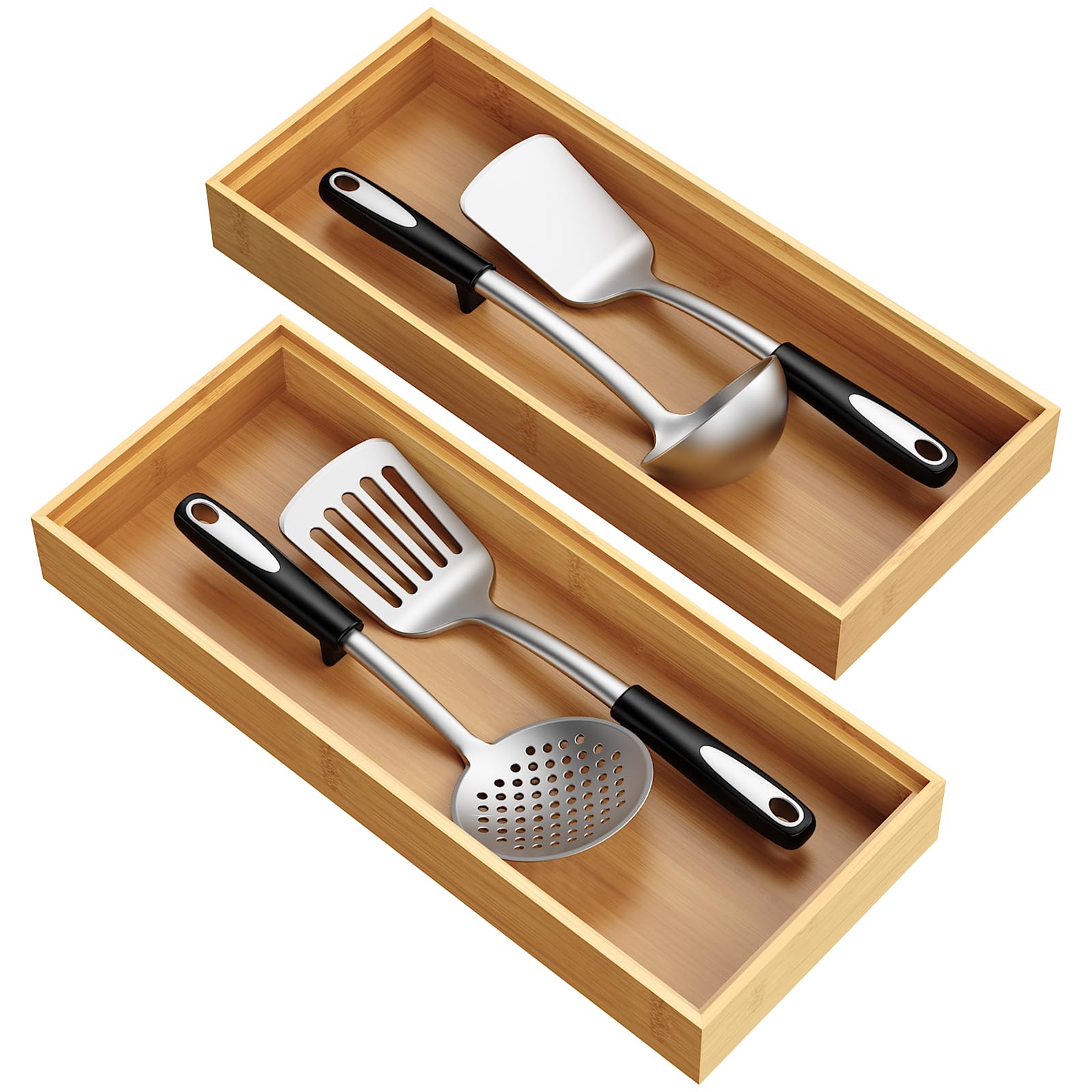 Bayting Bamboo Drawer Organizer, Stackable Utensil Trays for Kitchen, Wood Silverware Organizer for Drawer, Set of 215x6x2