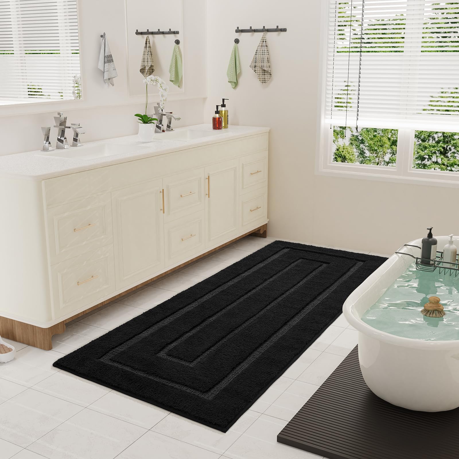 Homore Bathroom Runner Rugs 24 X 70 Non Slip Washable Long Bathroom Rug, Black Rugs For Bathroom Absorbent Bathroom Rug Runner W