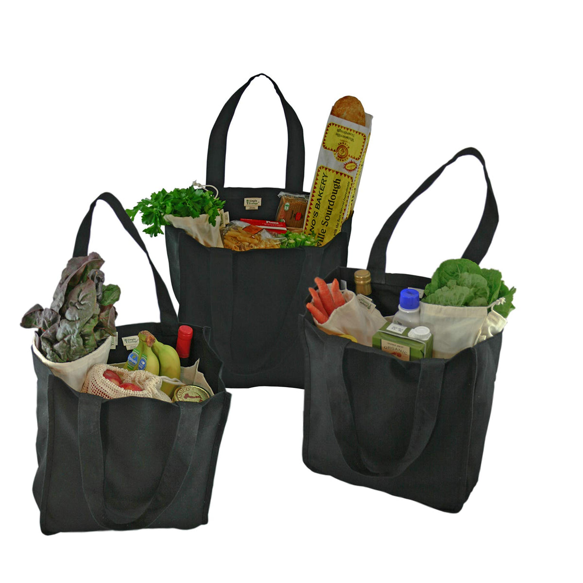 Simple Ecology Organic Cotton Deluxe Reusable Grocery Shopping Bag With Bottle Sleeves And Rigid Bottom Support (Updated Design)
