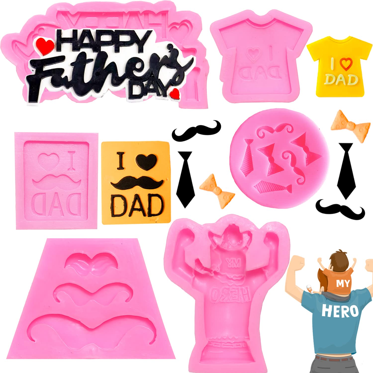 Doumeny 6Pcs Happy Father'S Day Fondant Mold, I Love Dad Silicon Mold Mustache Tie Baking Mold Bow Beard Chocolate Mold Necktie