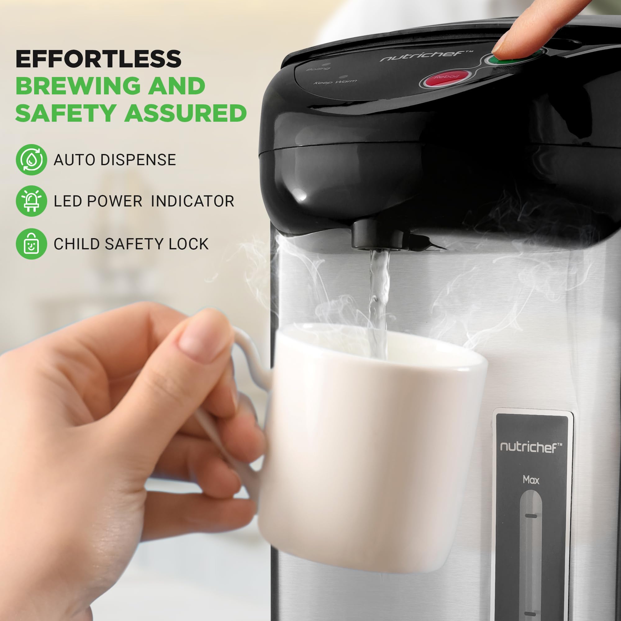 Nutrichef Electric Kettle, Water Boiler & Warmer, 5 Quart Hot Pot With Multiple Dispensing Options, Rapid Heating, Child Safety