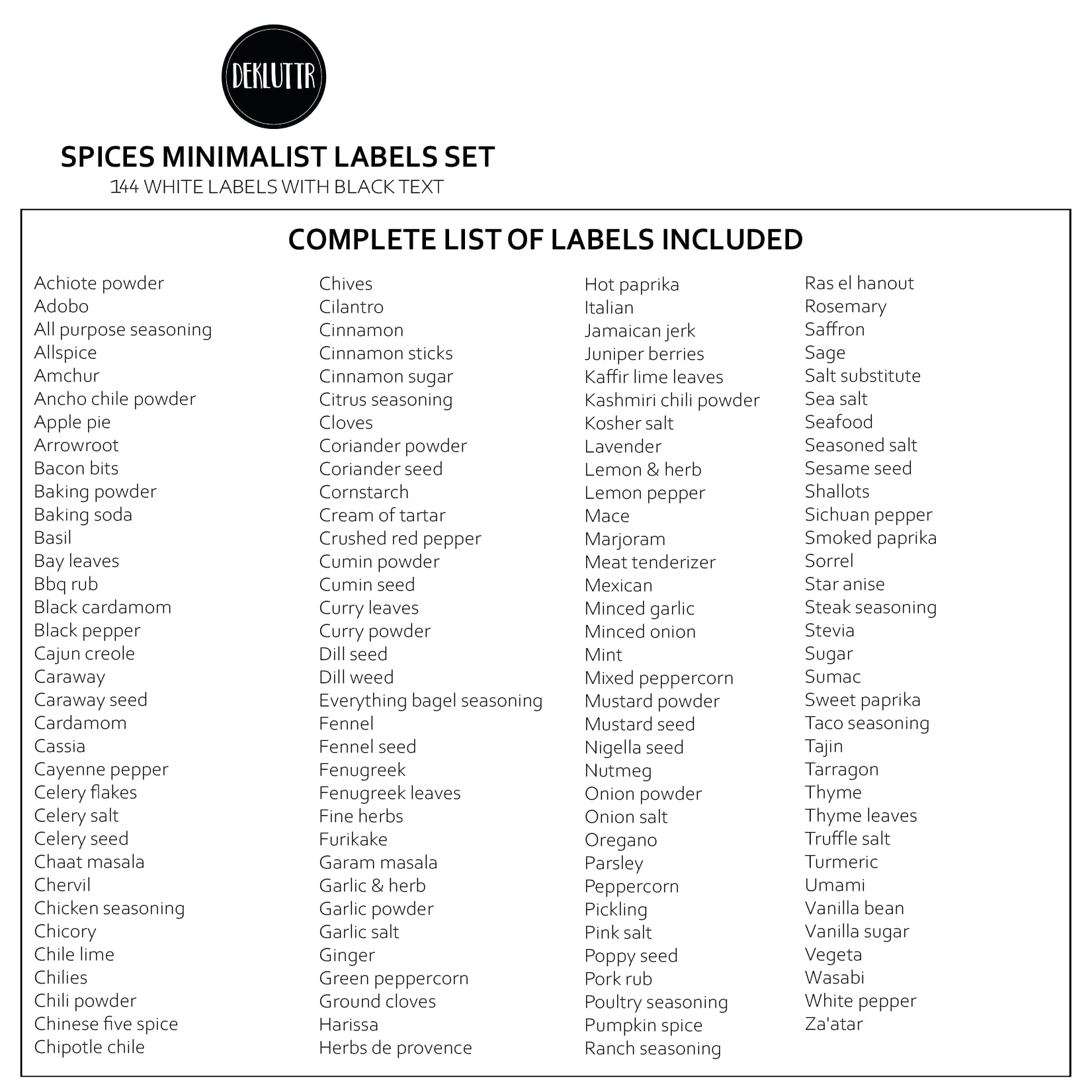 Dekluttr Minimalist Labels Set (Spices 1)