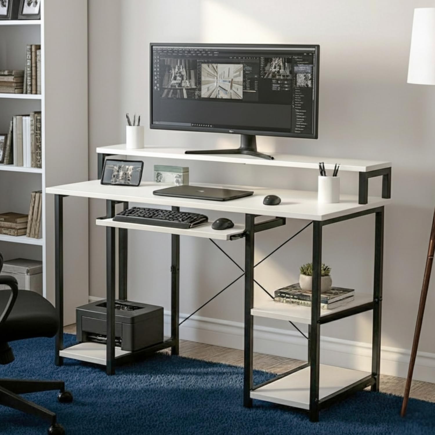 Tekavo Trio Computer Table For Home Pc | Office Table For Home With Monitor Riser And Keyboard Tray, Laptop Table, Work Table, S