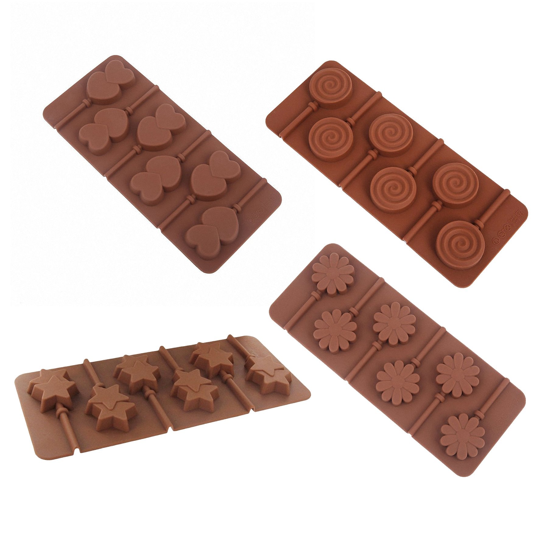 4-Pack Lollipop Silicone Mold Set - Moldfun Star Heart Spiral Daisy Flower Silicone Lolly Pop Tray For Hard Candy Chocolate Gumm