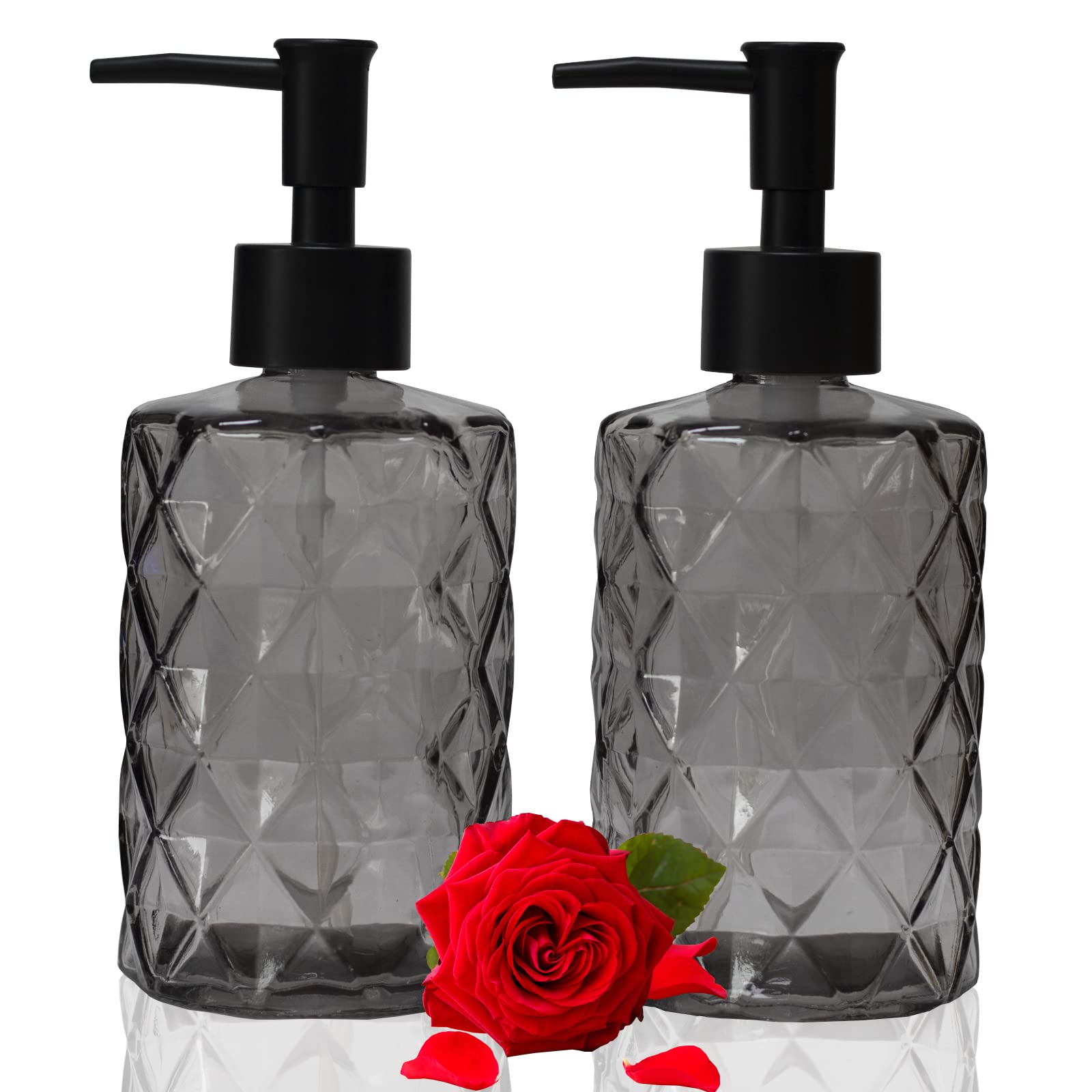 Glass Soap Dispenser With Black Plastic Pump, 12Oz Refillable Liquid Hand Soap Dispenser, 2 Pack Crystal Lotion Bottle For Moder