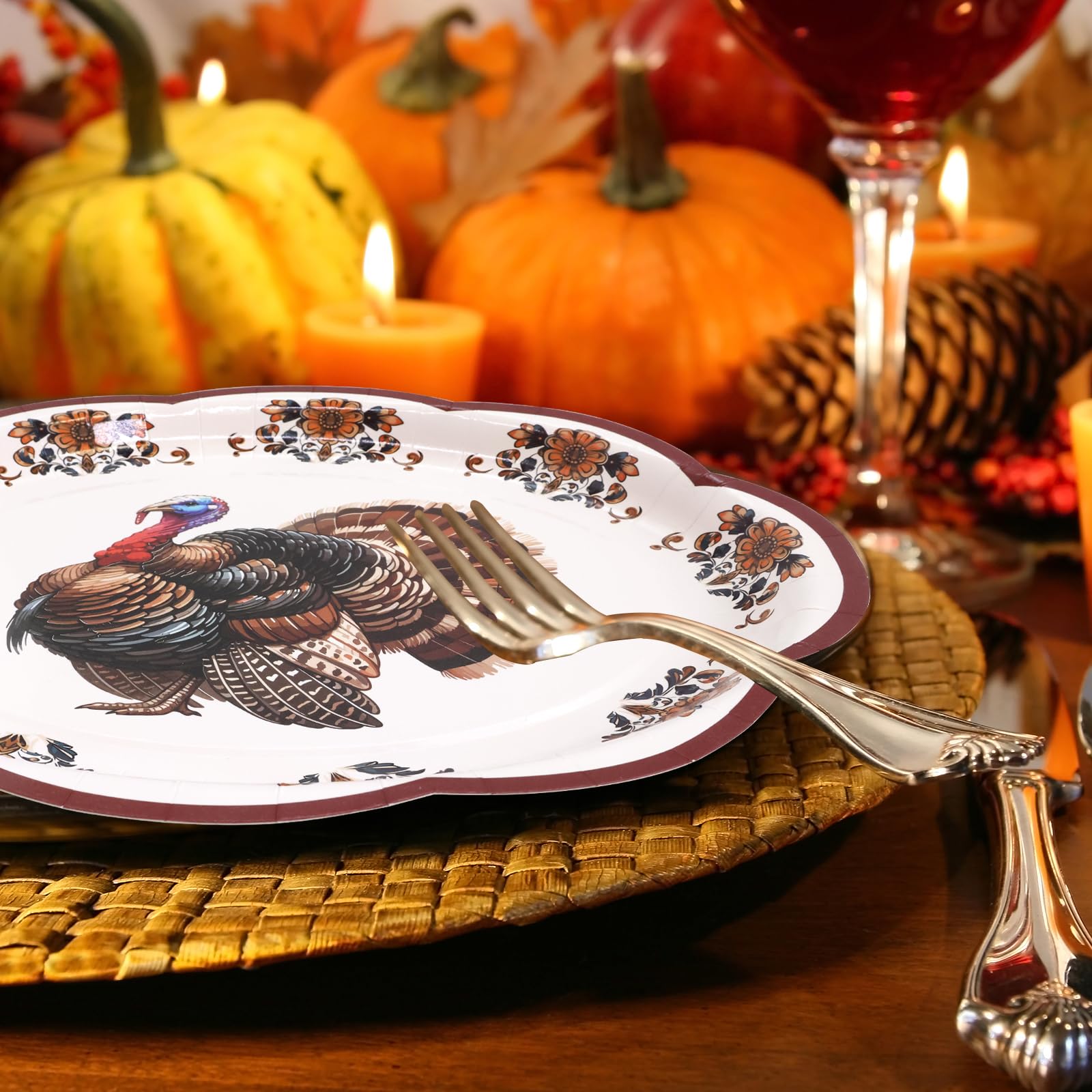 Fancy Land 24 Pcs Thanksgiving Plates Oval Paper Vintage Turkey Plates Disposable Dinner Platters 10 x 12 Inches Heavy Duty Dinn