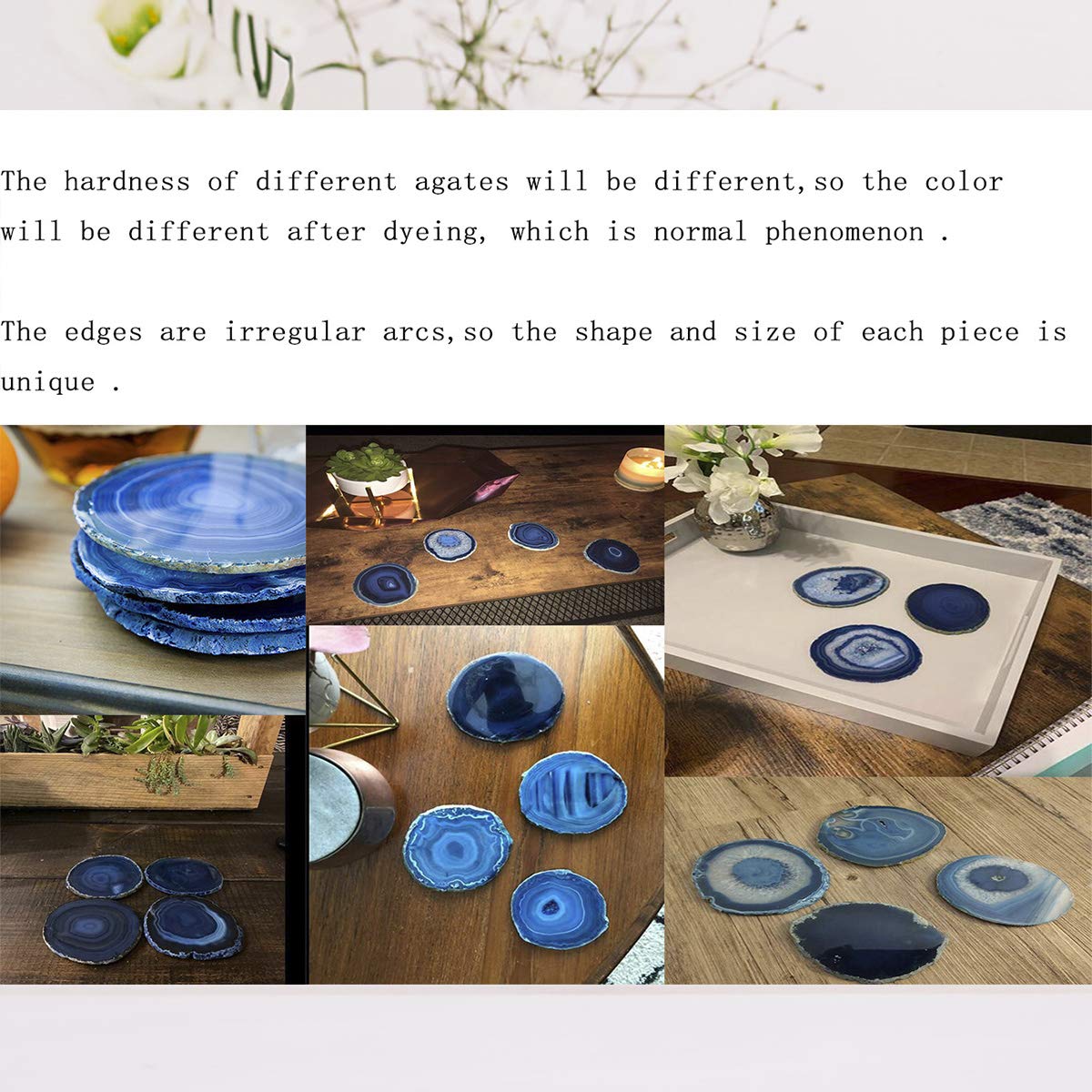 JIC Gem 3-3.5'' Dyed Blue Color Small Size Agate Coastes Polished Natural Geode Stone Coasters Agate Slices Set of 4 with Protective Rubber Bumper Home Decorative