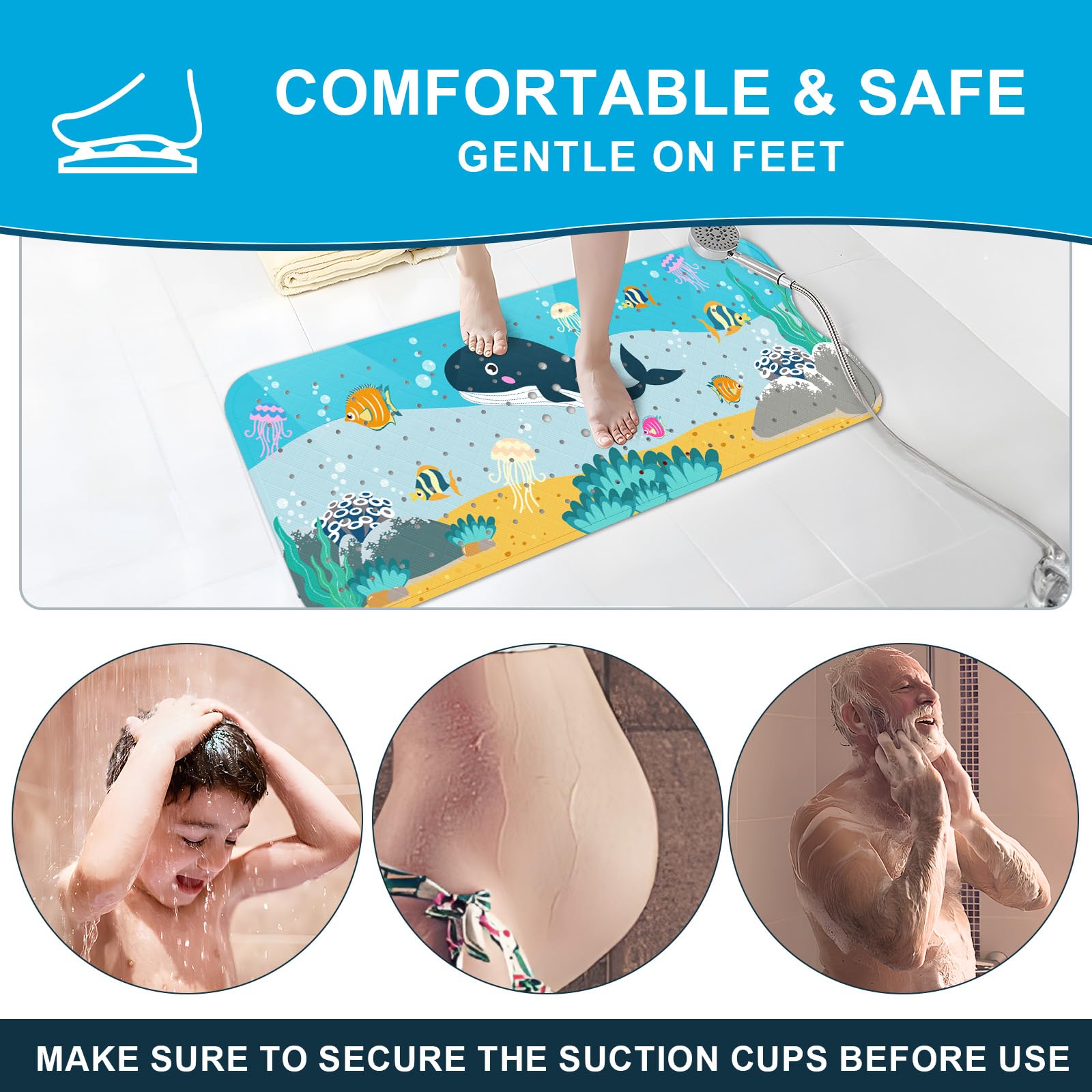 XIYUNTE Baby Bath Mat for Tub for Kids  40 X 16 Inch Extra Long Kids Bathtub Mat Non Slip  Cartoon Patterned Bath Tub Shower Mat Anti Slip with Suction Cups & Drain Holes  Machine Washable  Whale