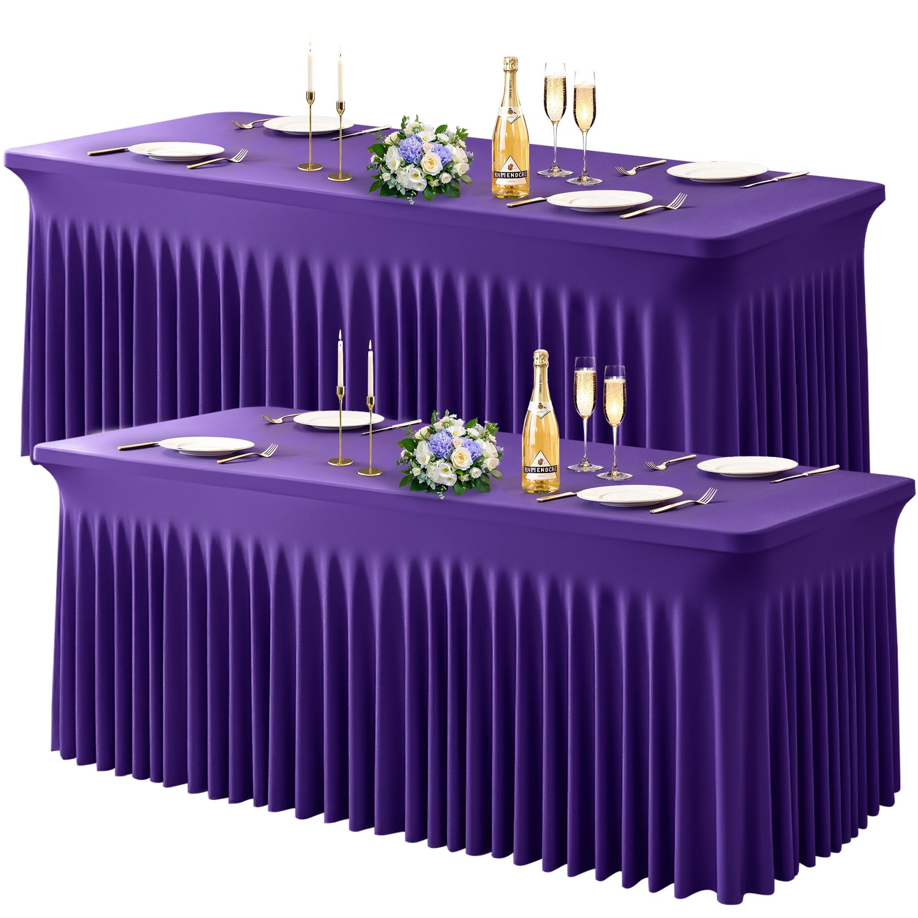Wish Care 2 Pack Dark Purple Spandex Table Clothes for 4 Foot Rectangle Tables, 4FT Wrinkle Free Fitted Tablecloths Ruffles Desi