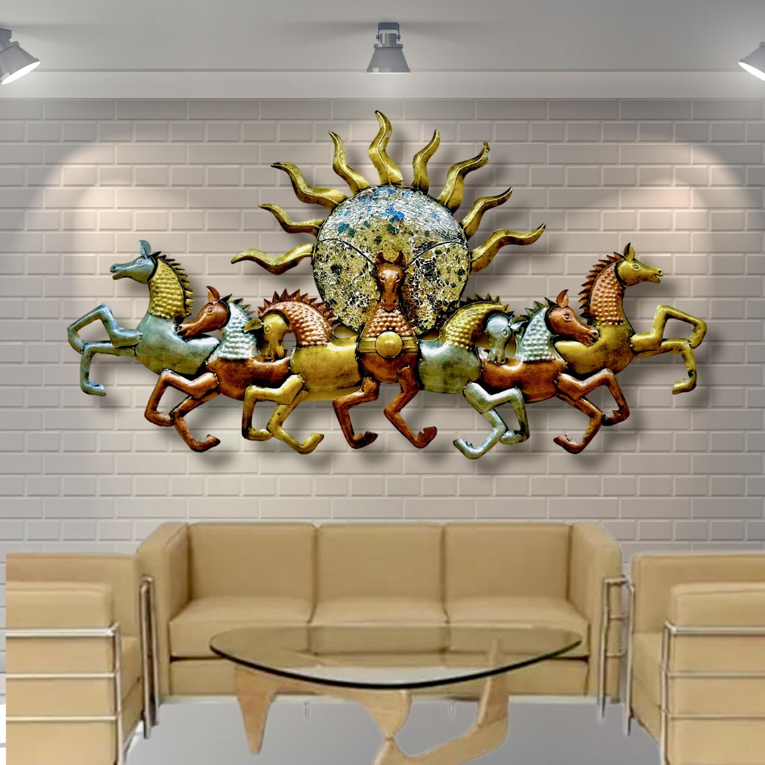 Rsn Metal Wall Art Iron Wall Hanging 7 Horse With Led Light Metal Frame Wall Dcor Entrance, Wall Hanging For Living Room, Wrough