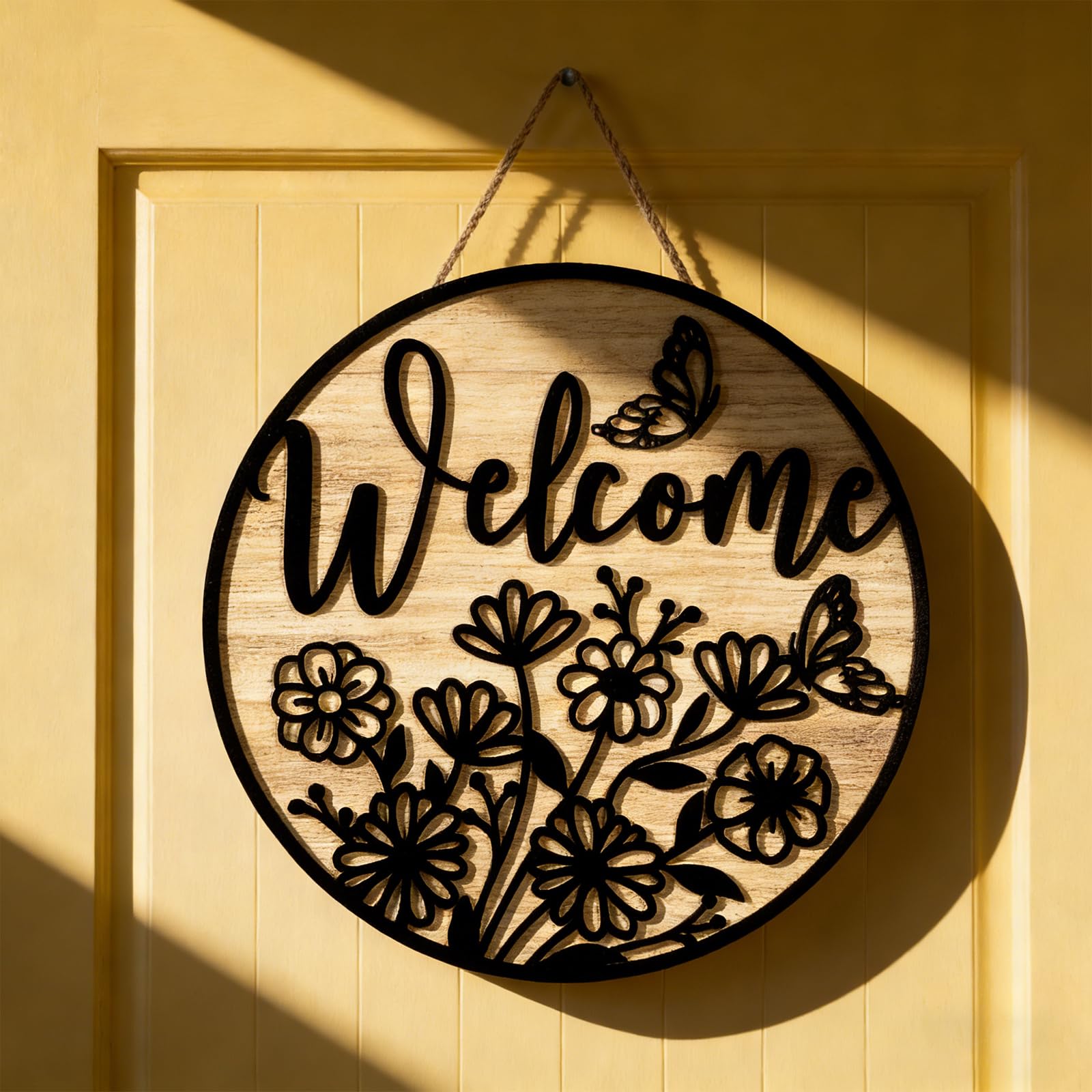 JarThenaAMCS 3D Black Flower Welcome Door Sign Spring Wild Floral Wooden Hanging Sign Rustic Round Door Hanger for Indoor Outdoo