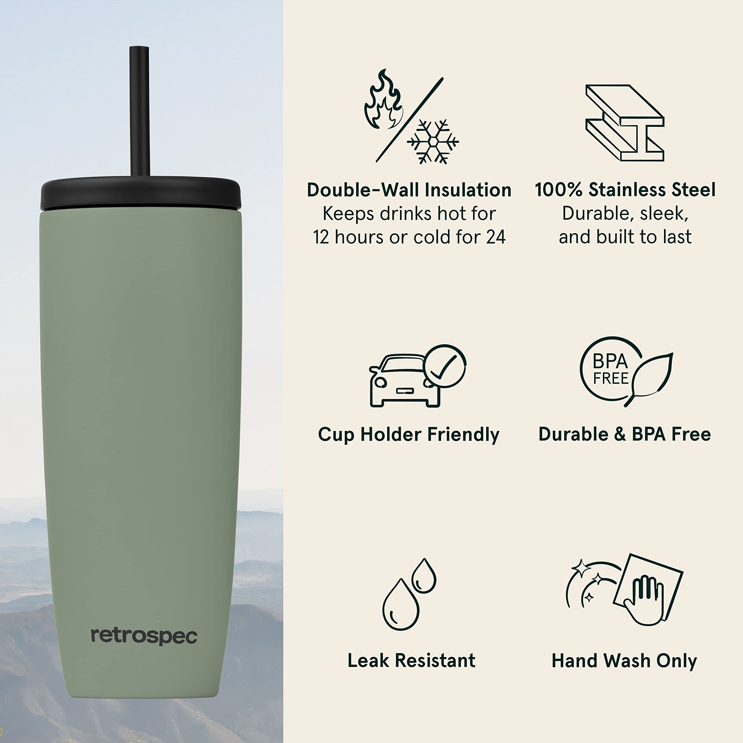 Retrospec Arroyo Stainless Steel Tumbler With Lid And Straw - Reusable Insulated Tumbler Cup - Iced Coffee Travel Mug - Double W