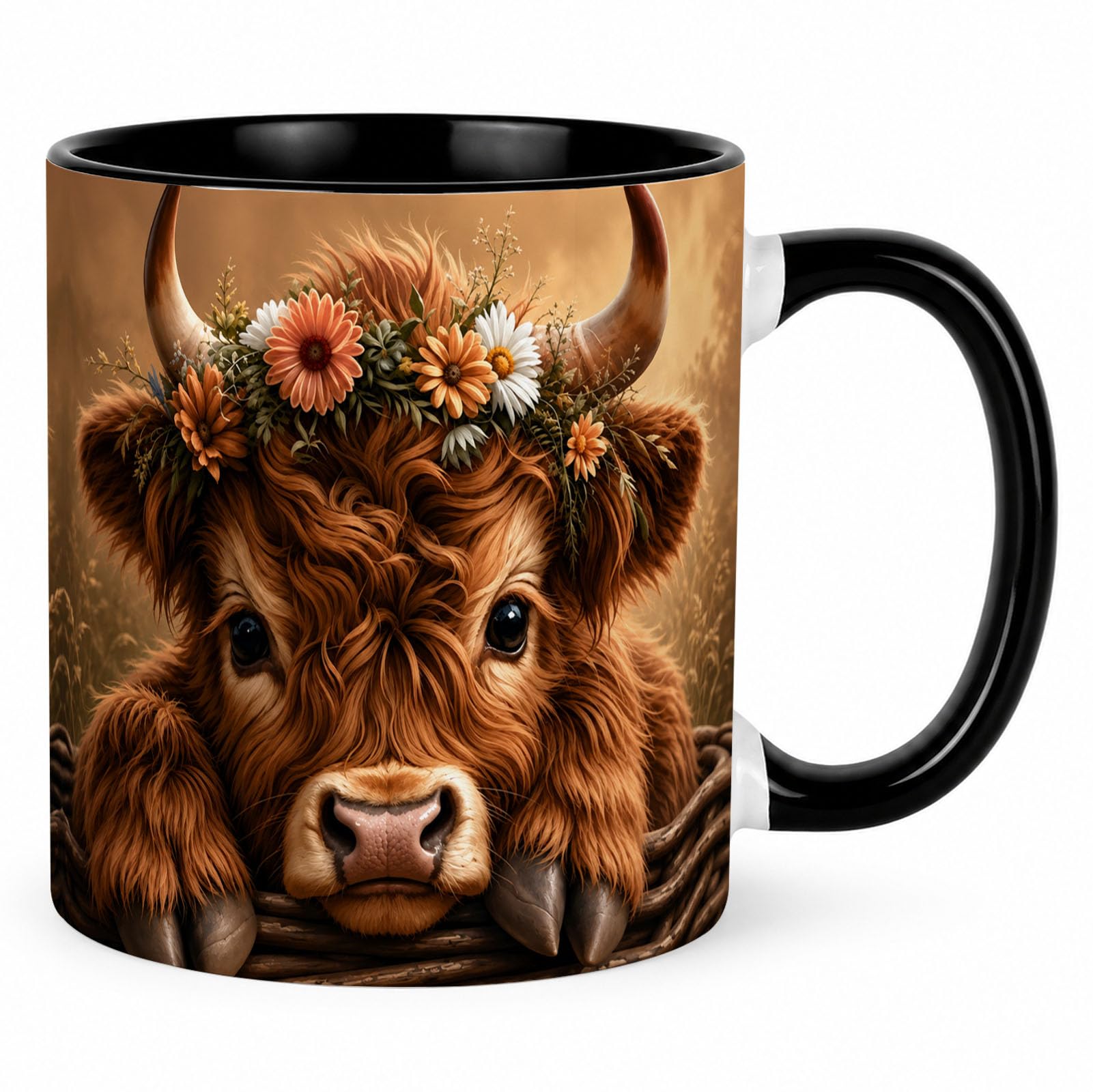Rustic Floral Highland Cow Coffee Mug, Cow Lovers Gift, 11oz Ceramic Cup