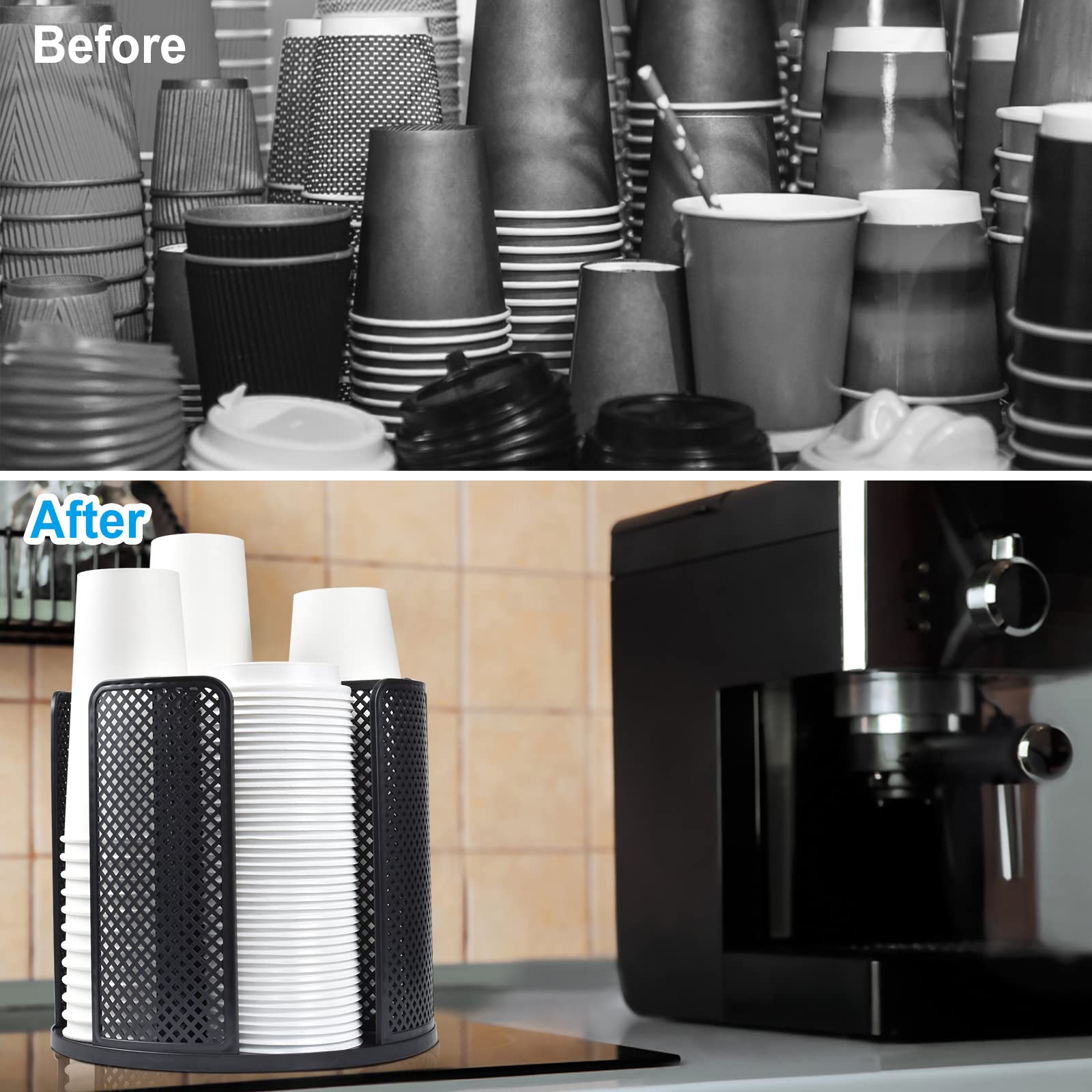 Samhe Coffee Cup Dispenser, Rotatable Cups And Lids Holder For 5-16Oz Cups 4 Compartment Coffee Cup Holder Countertop Coffee Cup