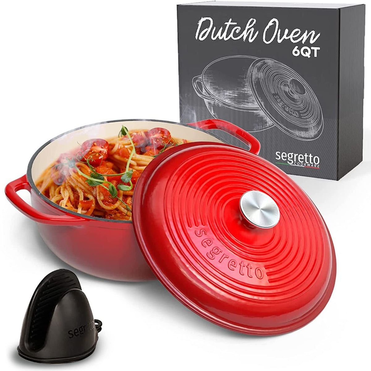 Segretto Cookware Enameled Cast Iron Dutch Oven With Handle, 6 Quarts, Rosso (Gradient Red) Cast Iron Dutch Oven With Lid | Enam