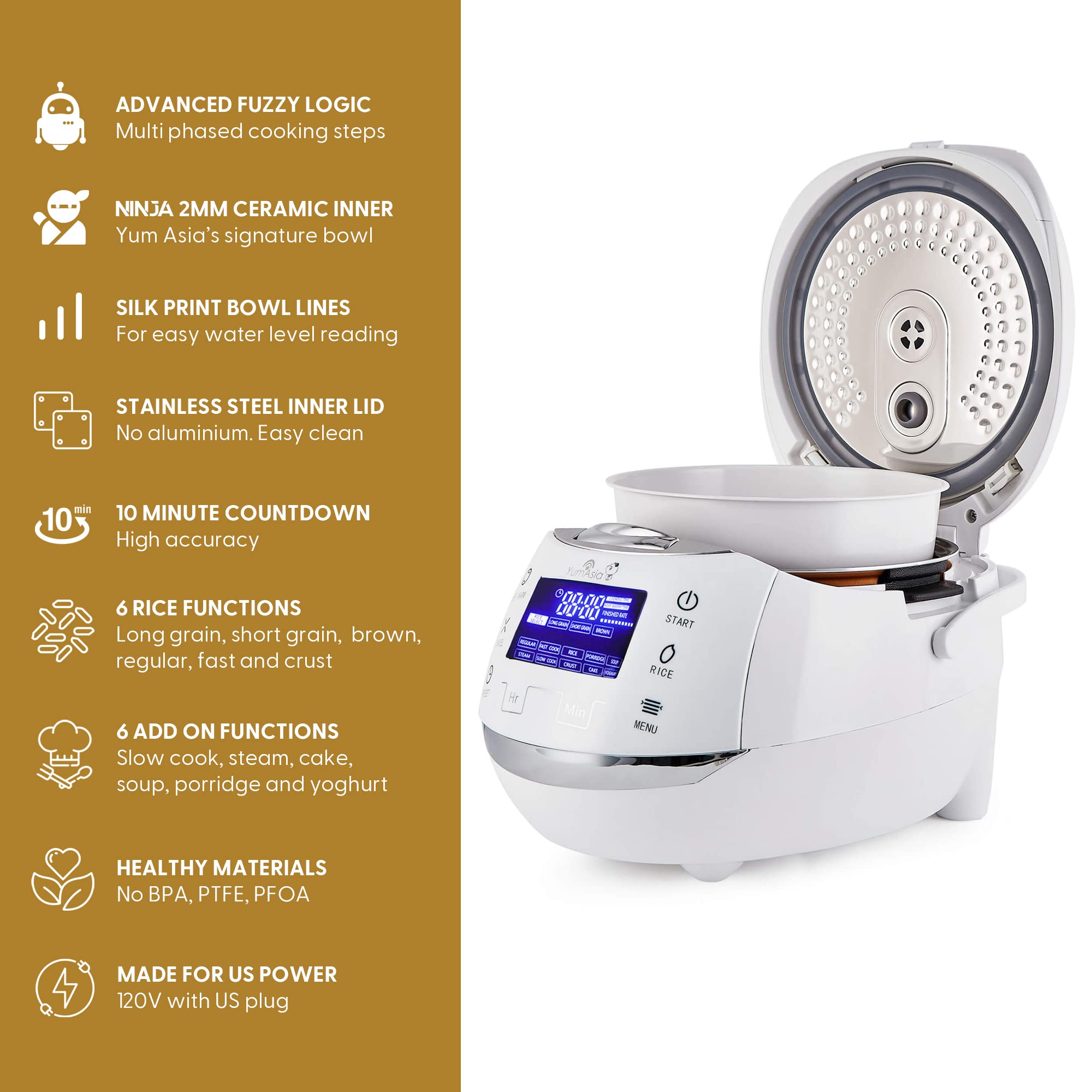 Yum Asia Sakura Rice Cooker, 8 Cup, Fuzzy Logic, 120V, White and Silver, Model YUM-EN15WUS, 6 Rice & Multicook Functions